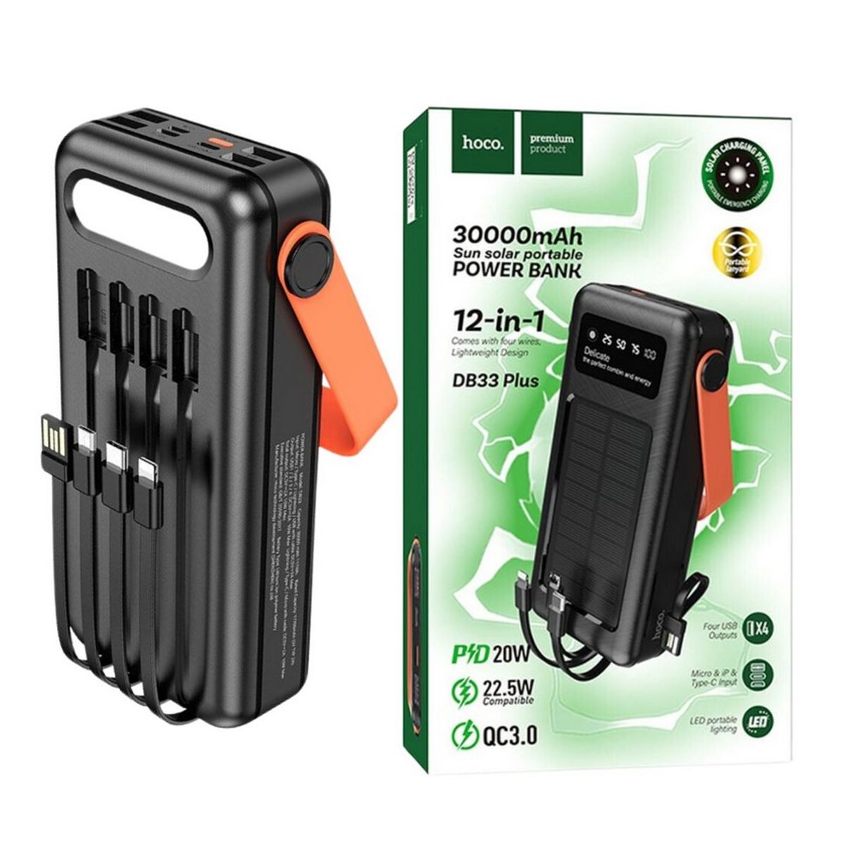 HOCO - Batería Portatil Cargador Solar - 30000mA 22W - Cables integrados