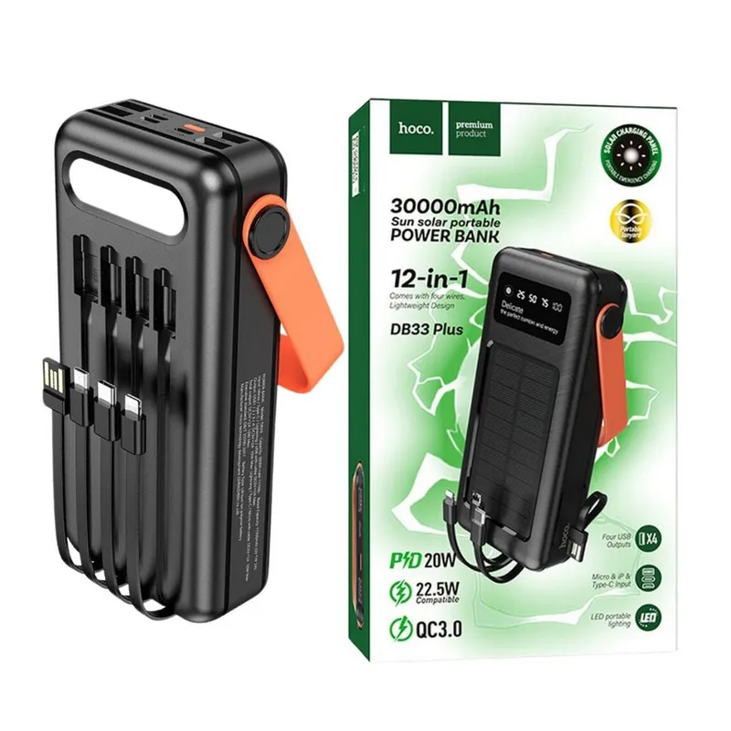 HOCO - Batería Portatil Cargador Solar - 30000mA 22W - Cables integrados