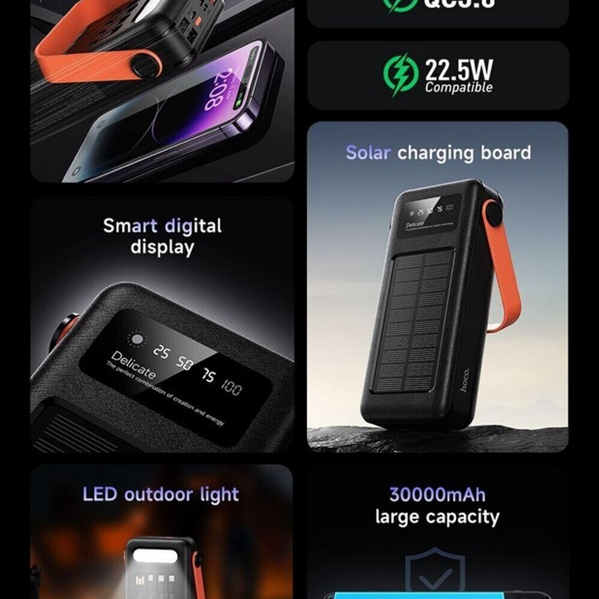 HOCO - Batería Portatil Cargador Solar - 30000mA 22W - Cables integrados