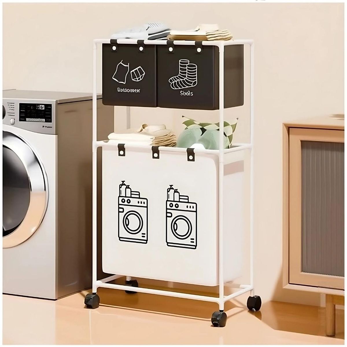 GENERICO - Cesto de Ropa 2 Niveles 3 Compartimientos con Ruedas 100x55x25cm