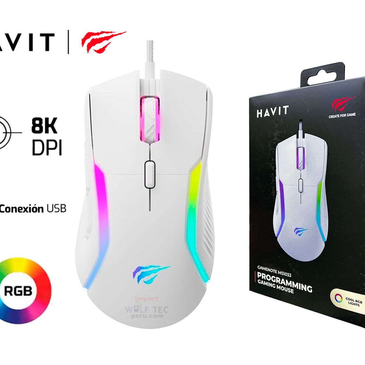 HAVIT - MOUSE GAMING HAVIT MS1033, RGB, 8,000 DPI BLANCO