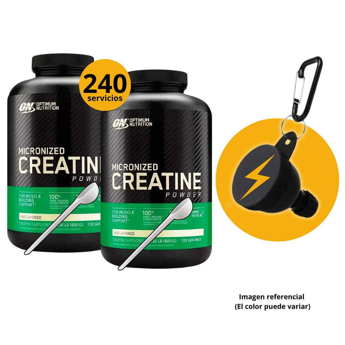 OPTIMUN NUTRITION - CREATINAS ON DE 600gr 2und CON CUCHARA MEDIDORA Y PORTASUPLEMENTOS