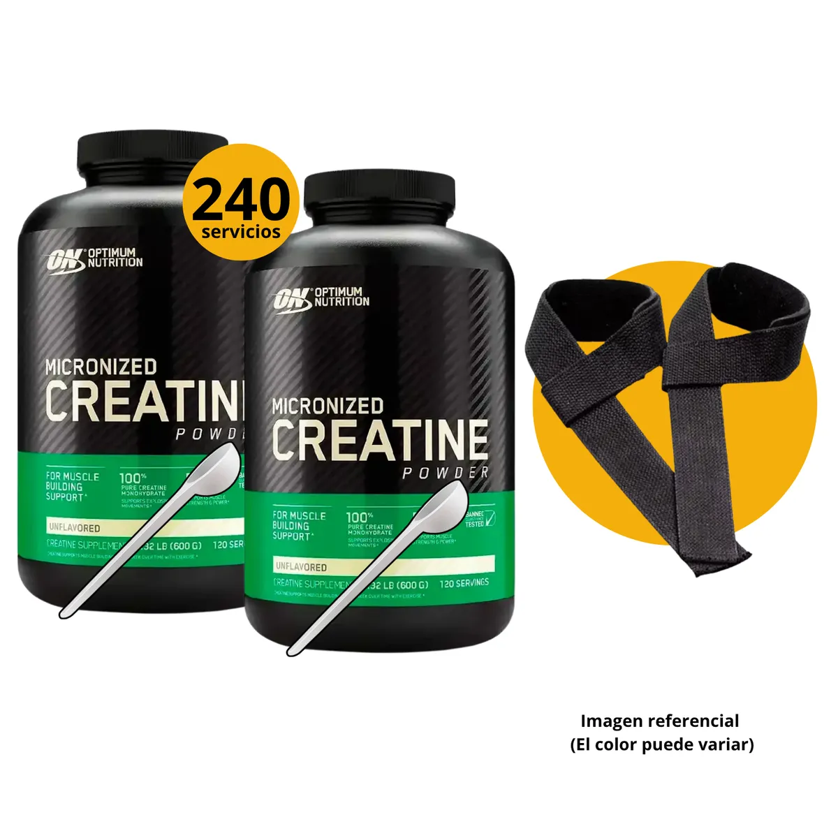 OPTIMUN NUTRITION - CREATINAS ON DE 600gr 2und CON CUCHARA MEDIDORA Y STRAPS - MICRONIZADA