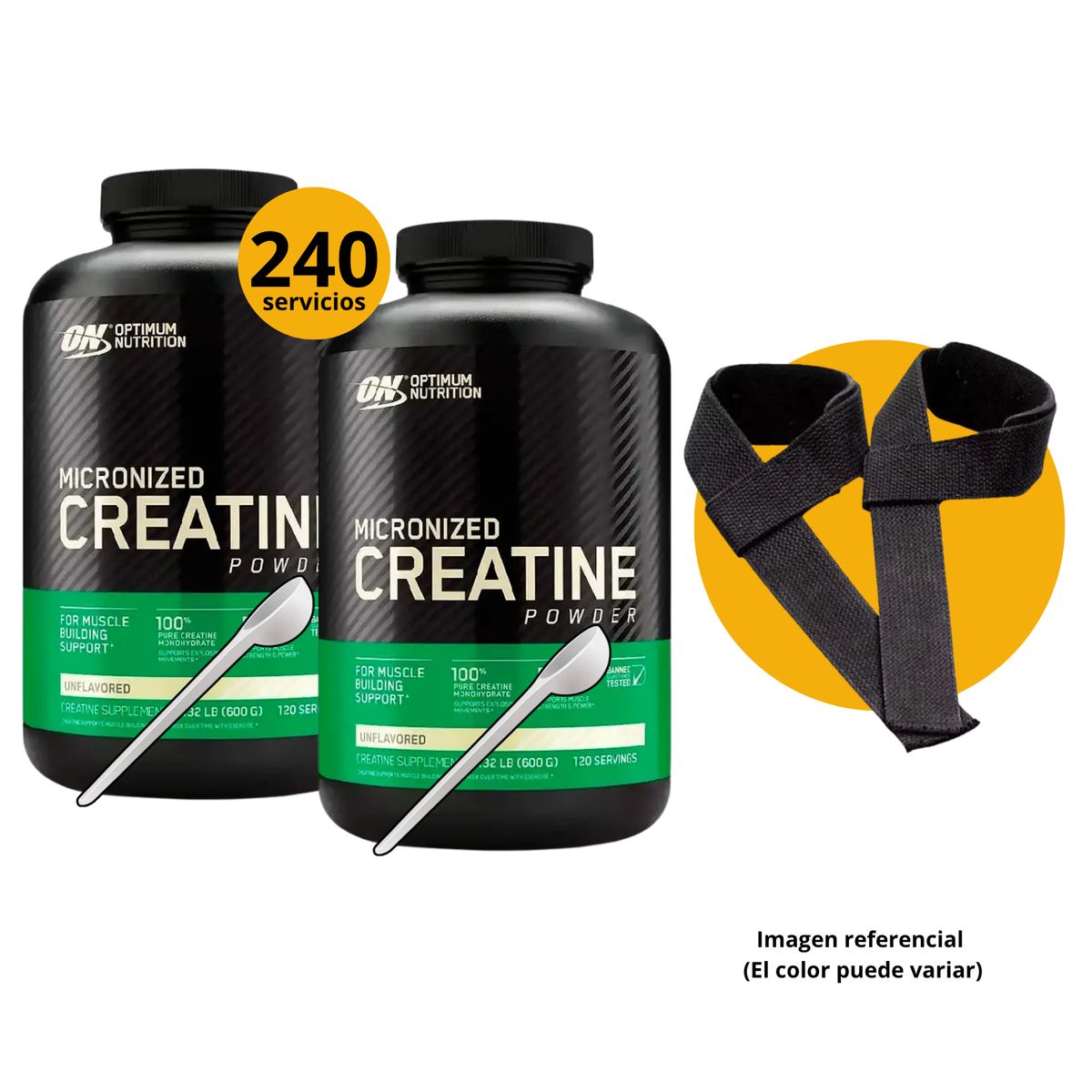 OPTIMUN NUTRITION - CREATINAS ON DE 600gr 2und CON CUCHARA MEDIDORA Y STRAPS - MICRONIZADA