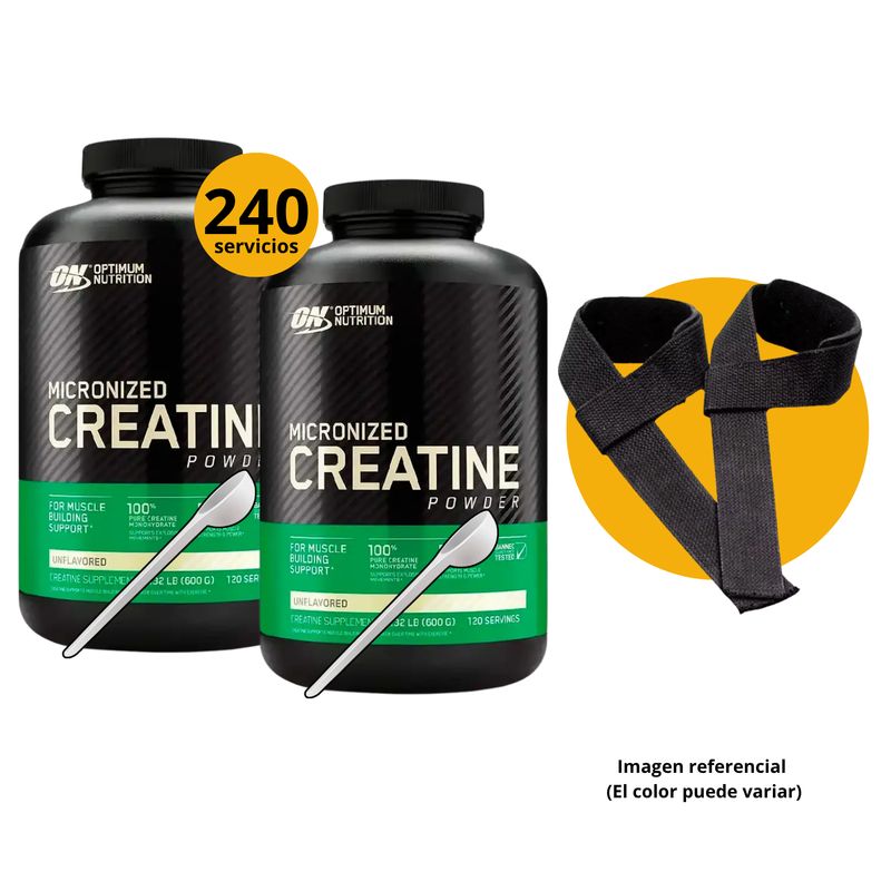 OPTIMUN NUTRITION - CREATINAS ON DE 600gr 2und CON CUCHARA MEDIDORA Y STRAPS - MICRONIZADA
