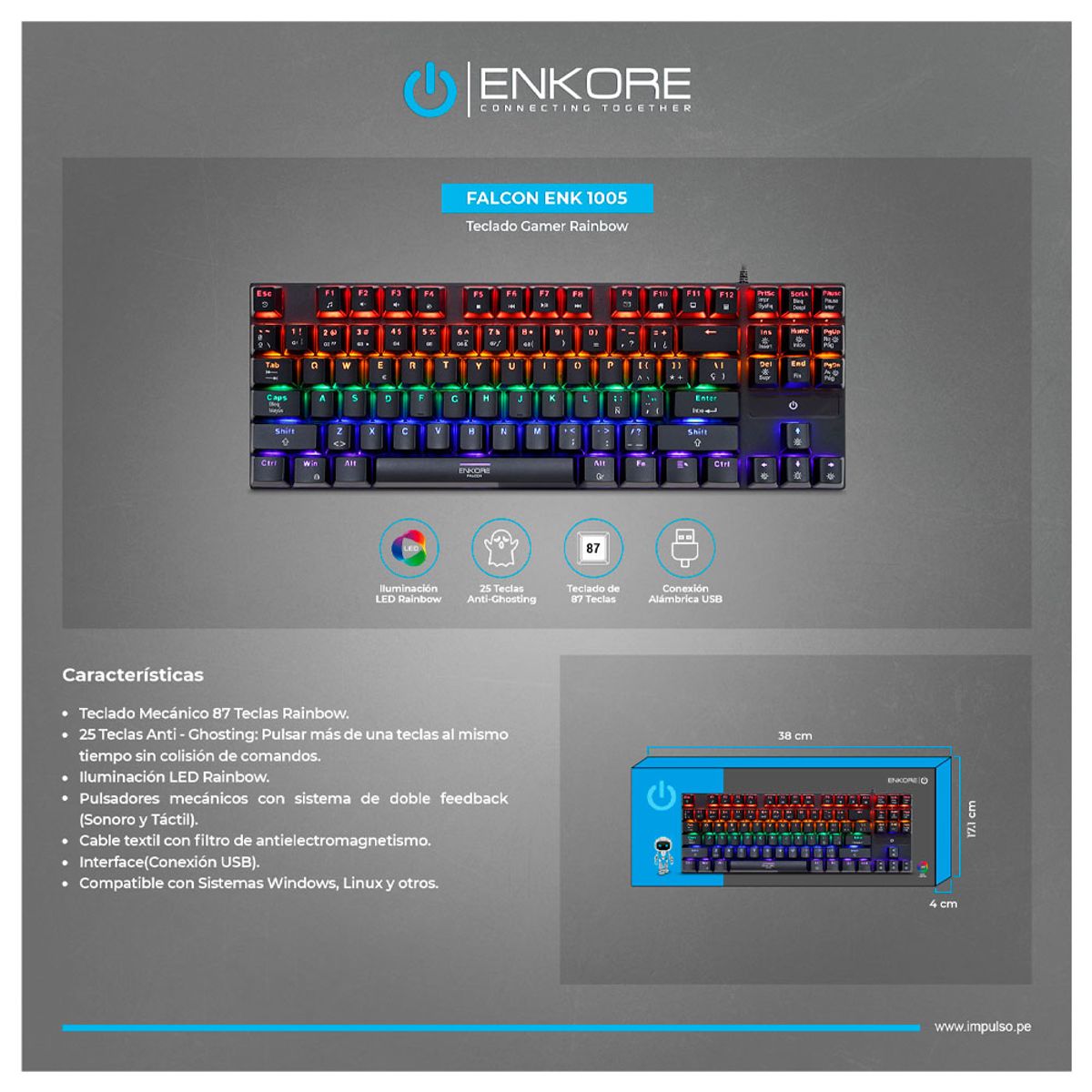 ENKORE - TECLADO GAMER MECANICO FALCON 87 ENK 1005