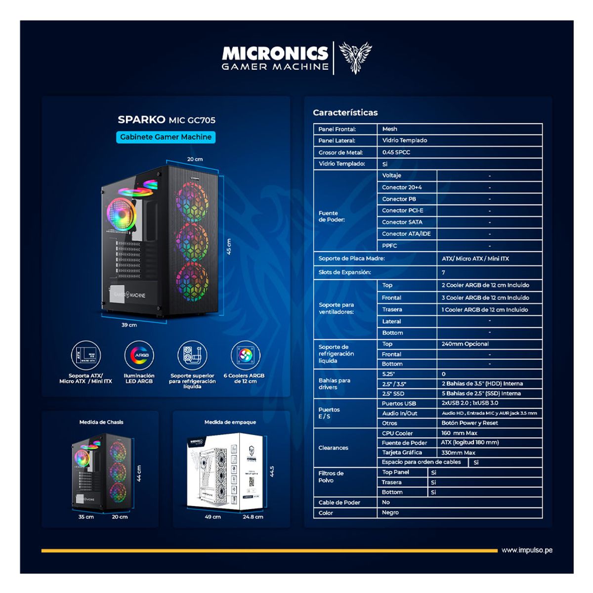MICRONICS - SPARKO MIC GC705 GABINETE GAMER 6FAN ARGB USB30 MICRONICS