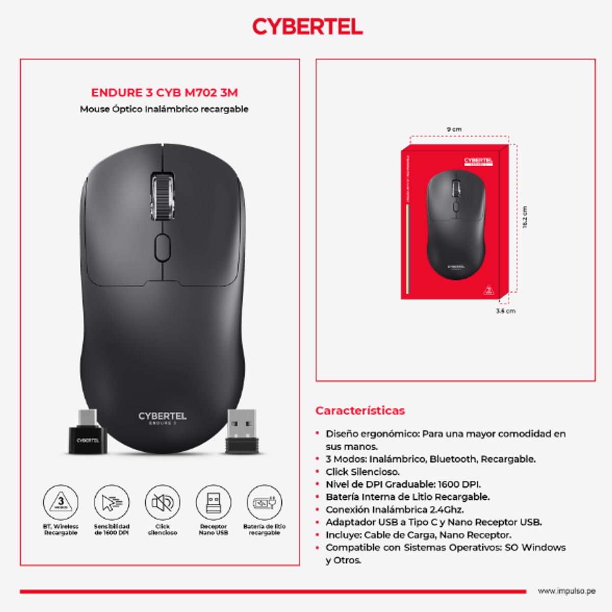 CYBERTEL - Mouse ENDURE 3 BLACK CYB M702-3M BT WIFI RECARGABLE CYBERTEL