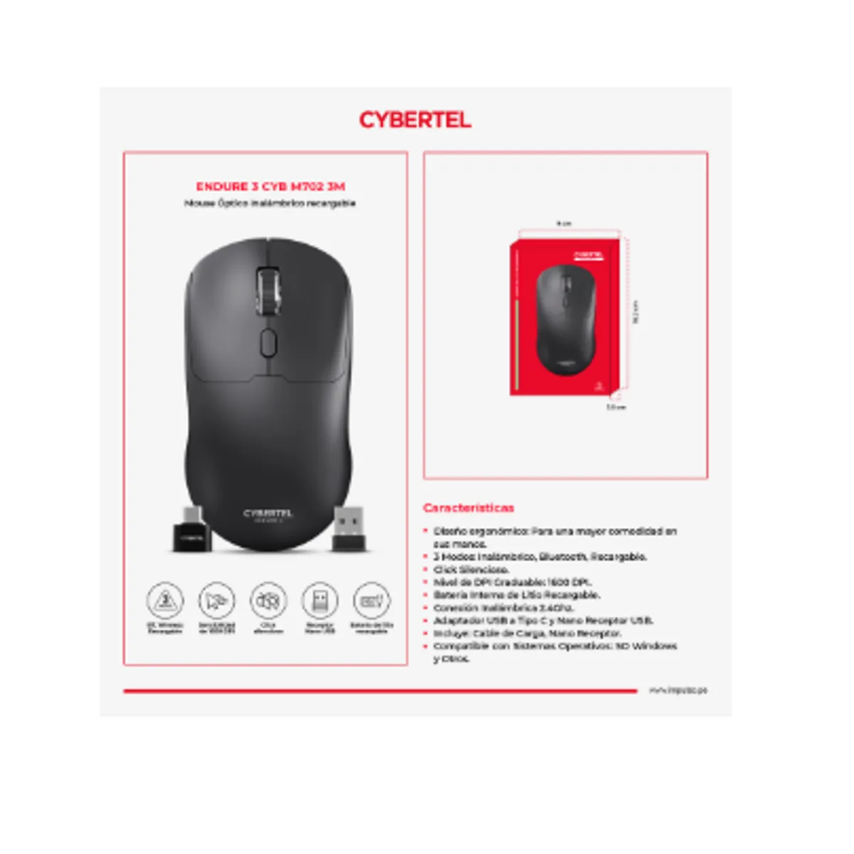 CYBERTEL - Mouse Inalámbrico Endure 3 - CYB M702 - 3m BT WIFI Recargable CYBERTEL