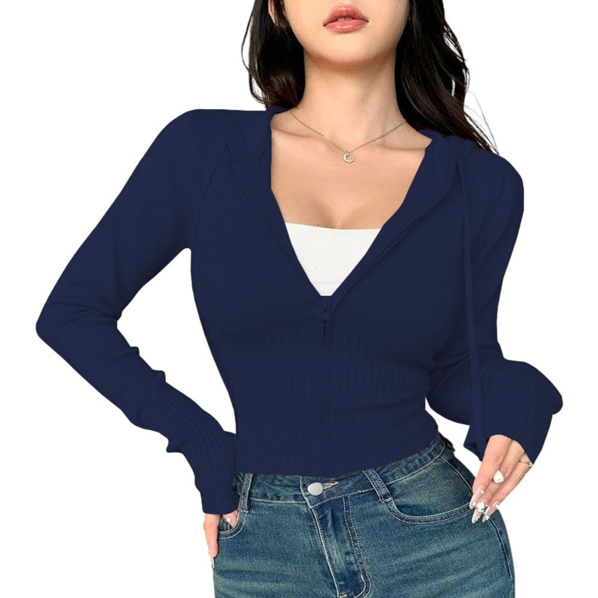 GENERICO - Chompa Mujer Cierre 463G-27 Hilo Tacto Jalapitas Capucha Color Azul