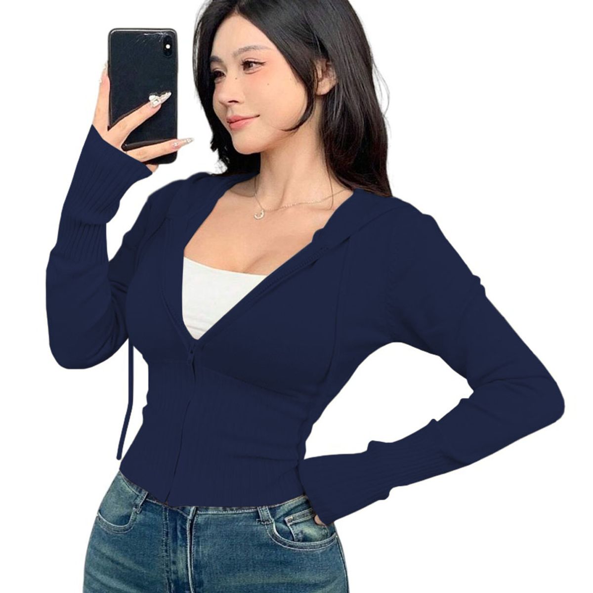 GENERICO - Chompa Mujer Cierre 463G-27 Hilo Tacto Jalapitas Capucha Color Azul