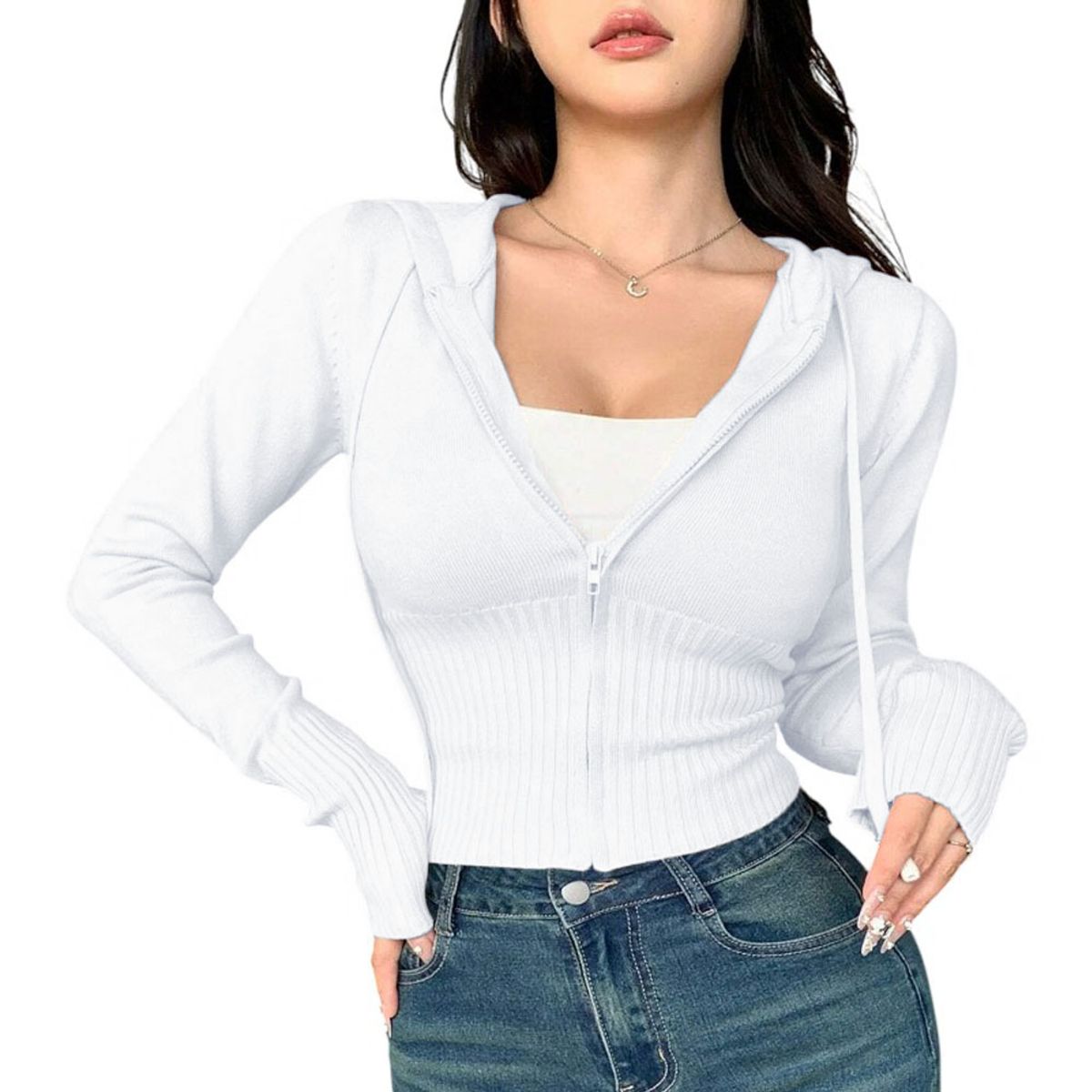 GENERICO - Chompa Mujer Cierre 463G-27 Hilo Tacto Jalapitas Capucha Color Blanco