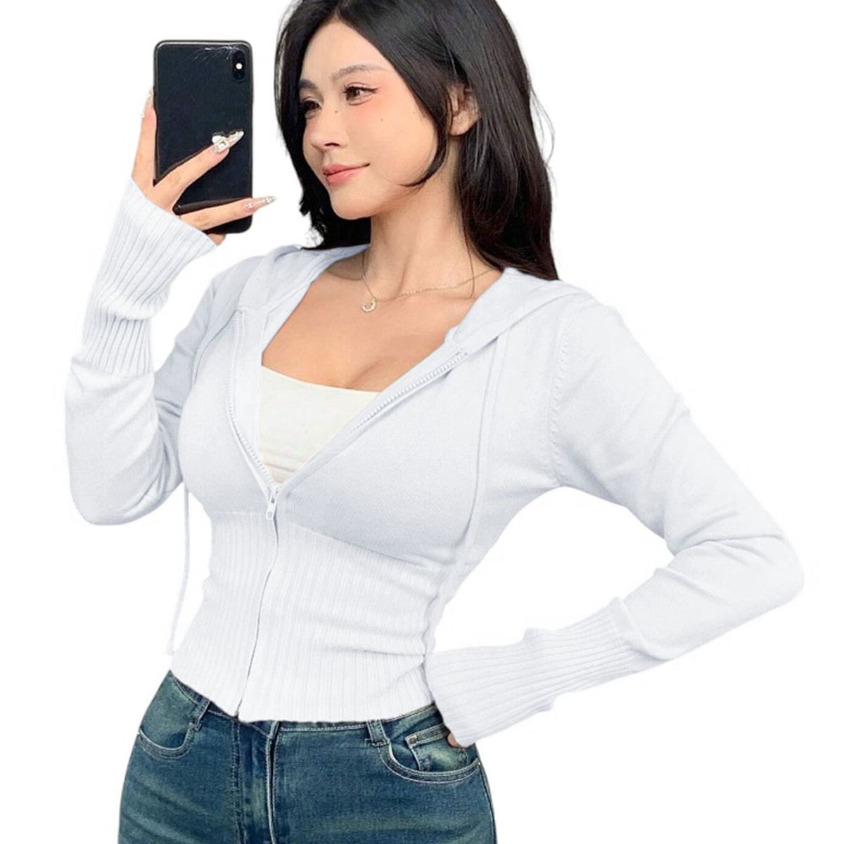 GENERICO - Chompa Mujer Cierre 463G-27 Hilo Tacto Jalapitas Capucha Color Blanco