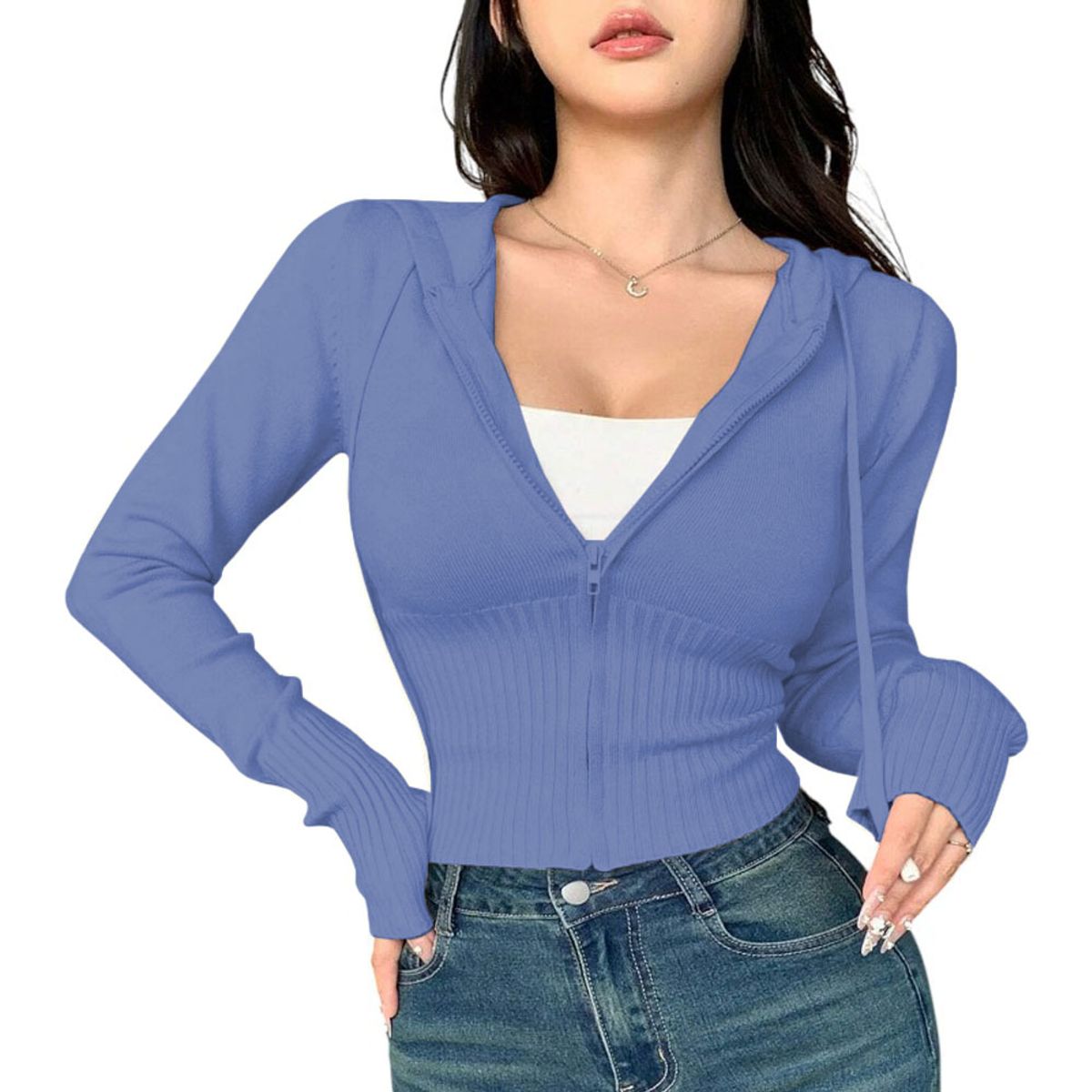 GENERICO - Chompa Mujer Cierre 463G-27 Hilo Tacto Jalapita Capucha Color Celeste