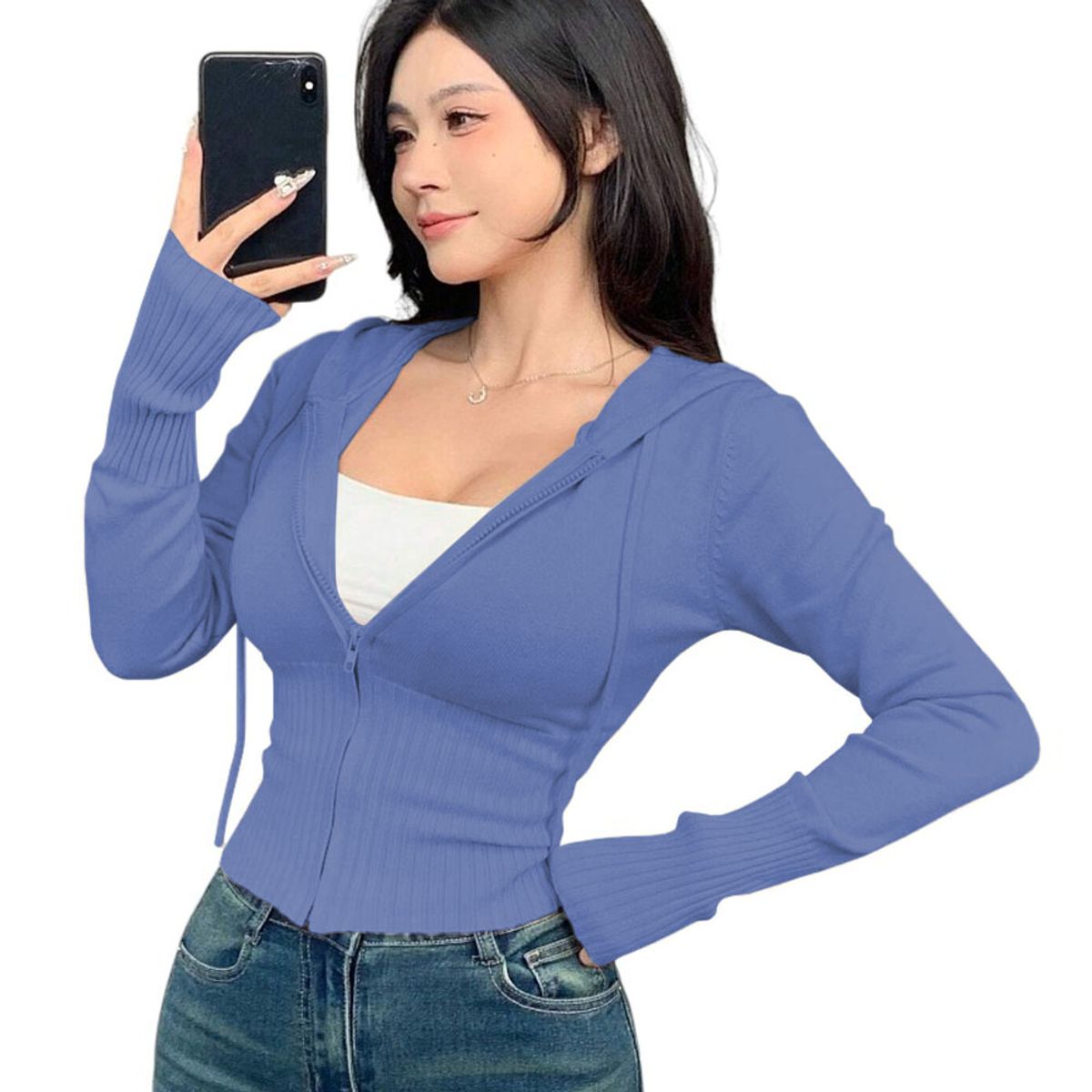 GENERICO - Chompa Mujer Cierre 463G-27 Hilo Tacto Jalapita Capucha Color Celeste