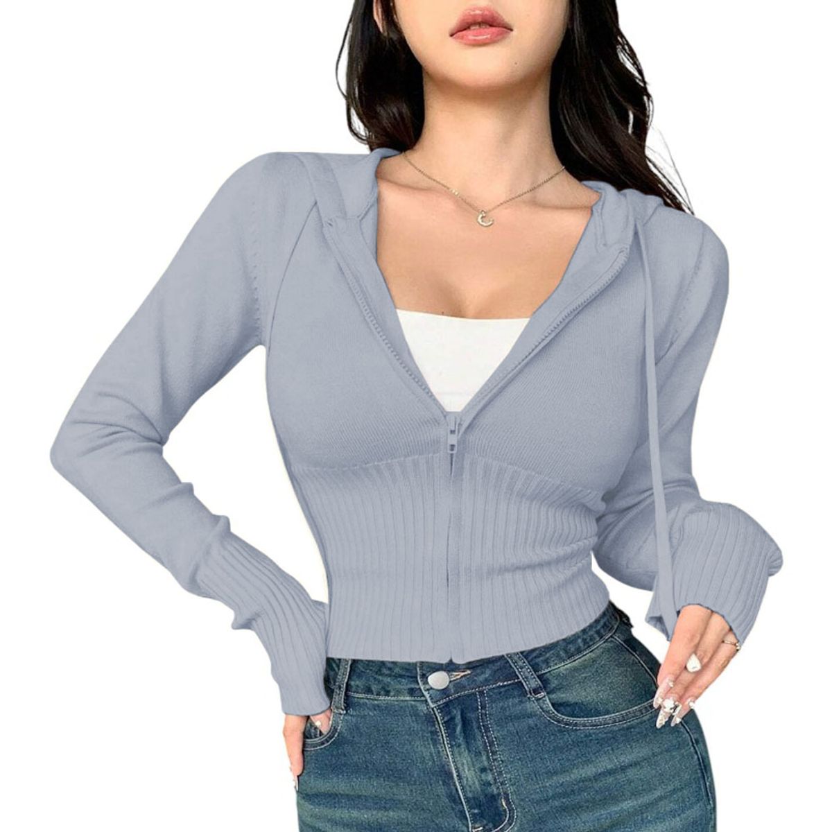 GENERICO - Chompa Mujer Cierre 463G-27 Hilo Tacto Jalapitas Y Capucha Color Gris