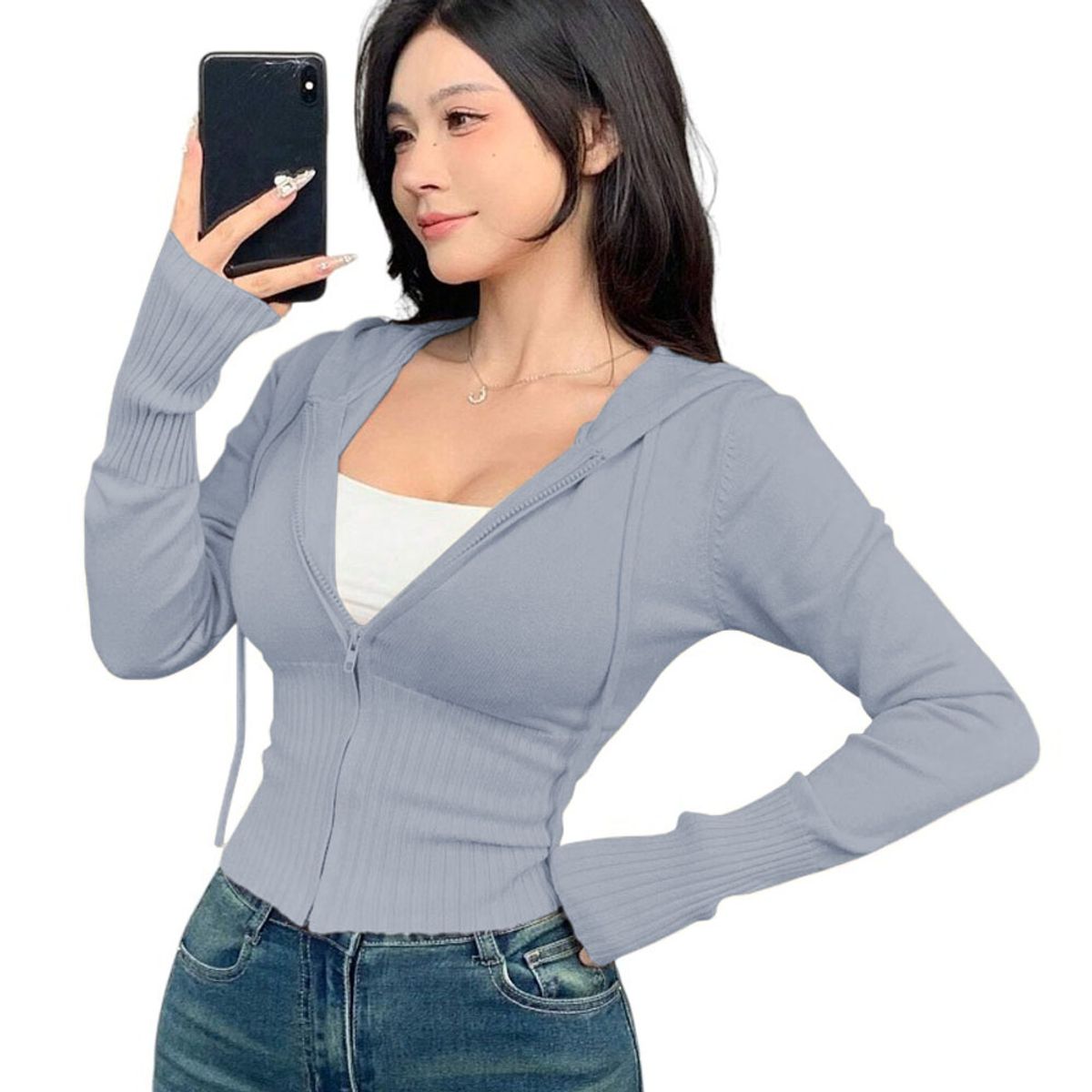 GENERICO - Chompa Mujer Cierre 463G-27 Hilo Tacto Jalapitas Y Capucha Color Gris