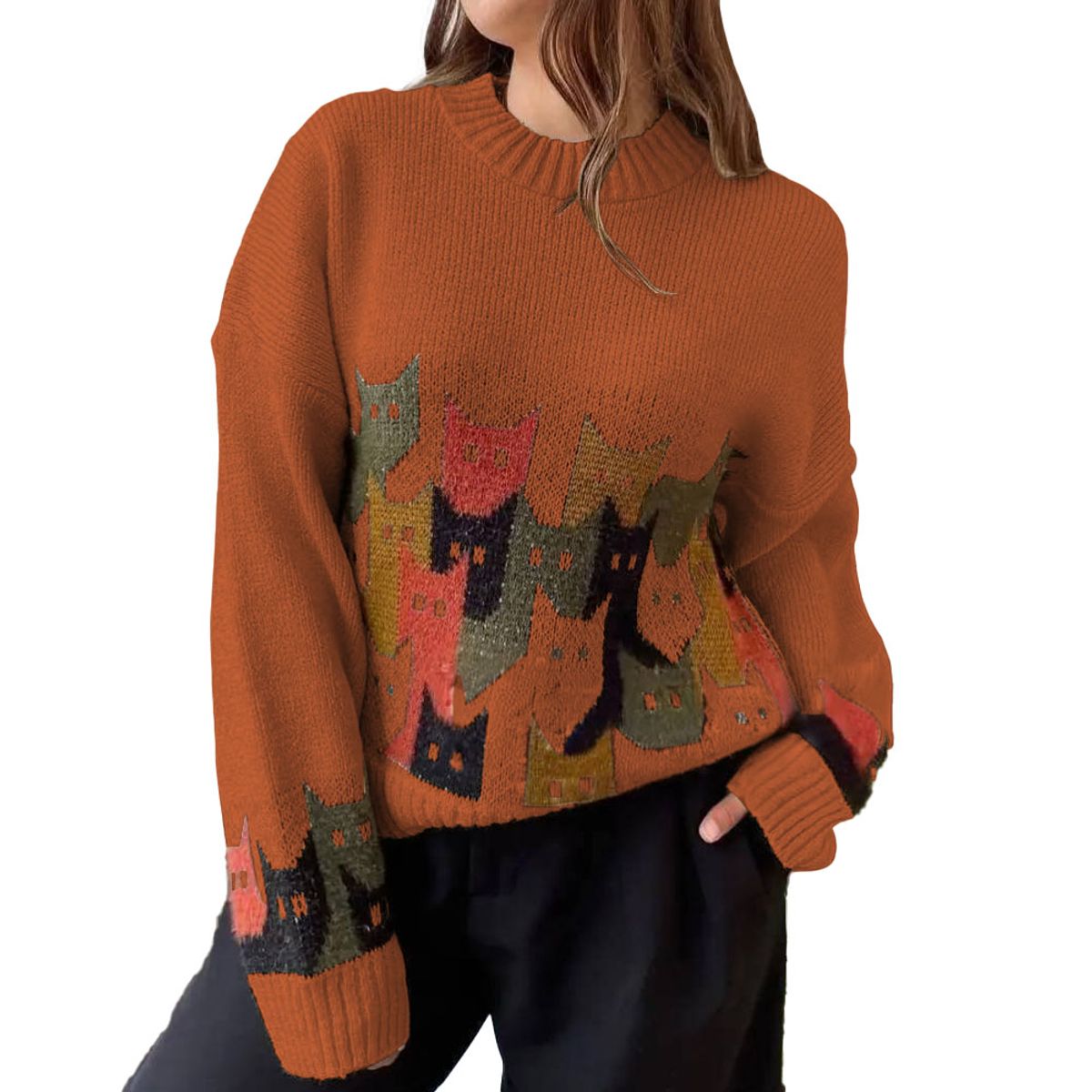 GENERICO - Chompa Unisex 463G-27 Hilo Alpino Barnizado Gatos Color Naranja