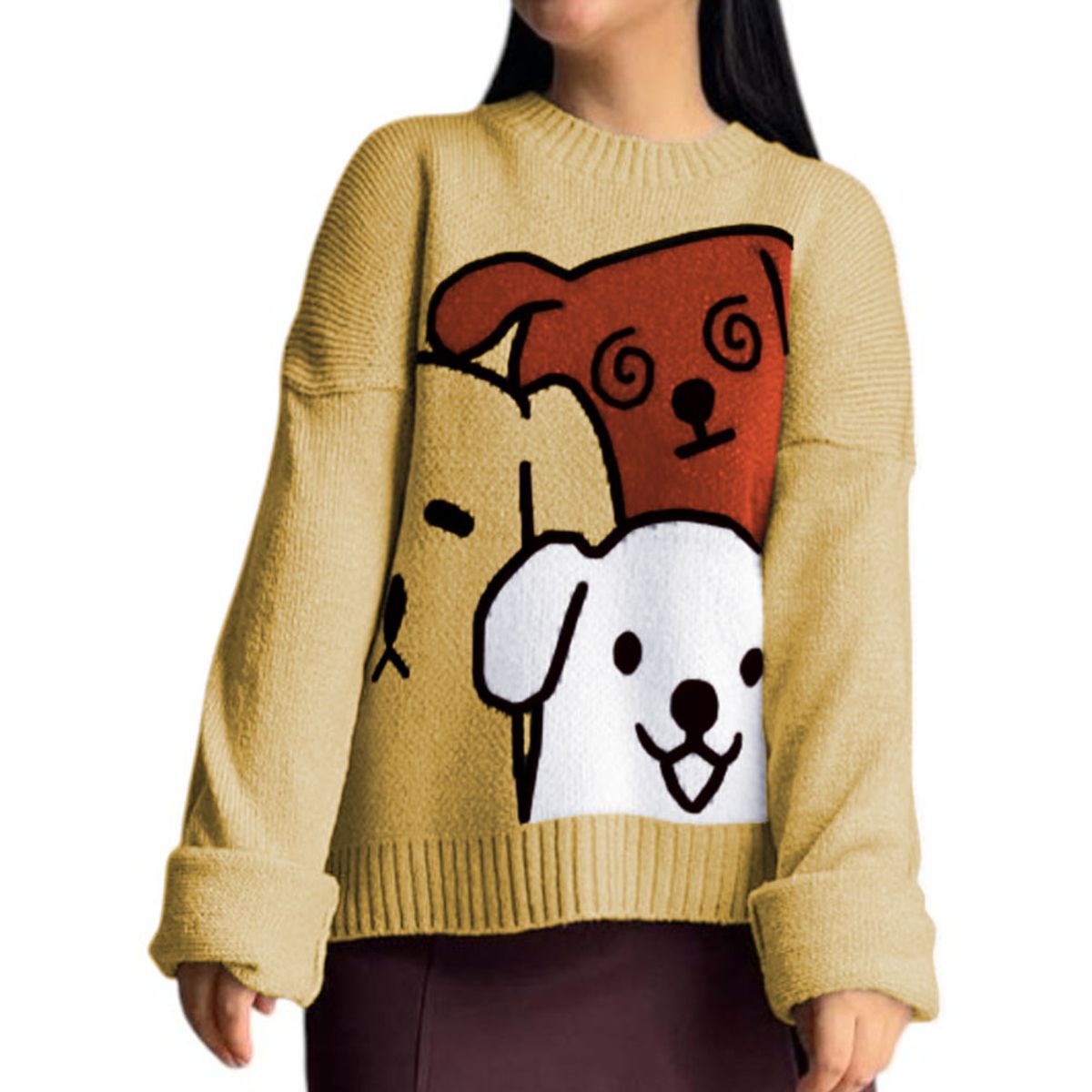 GENERICO - Chompa Mujer 359G-27 Hilo Alpino Barnizado Perros Color Vainilla