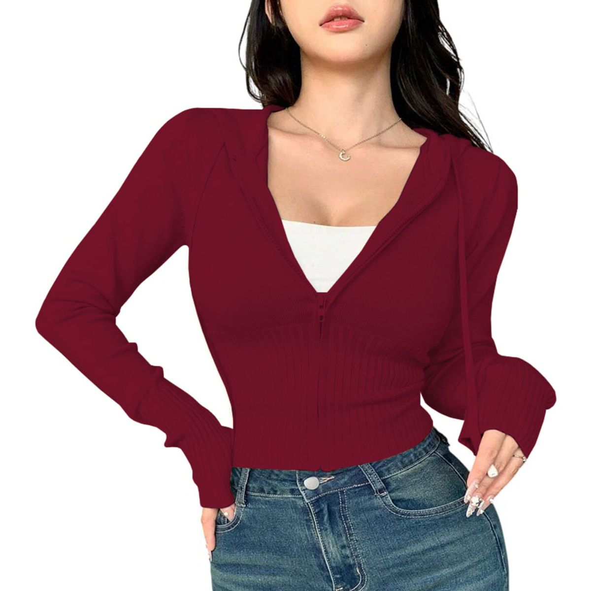 GENERICO - Chompa Mujer Cierre 463G-27 Hilo Tacto Jalapitas Capucha Color Guinda