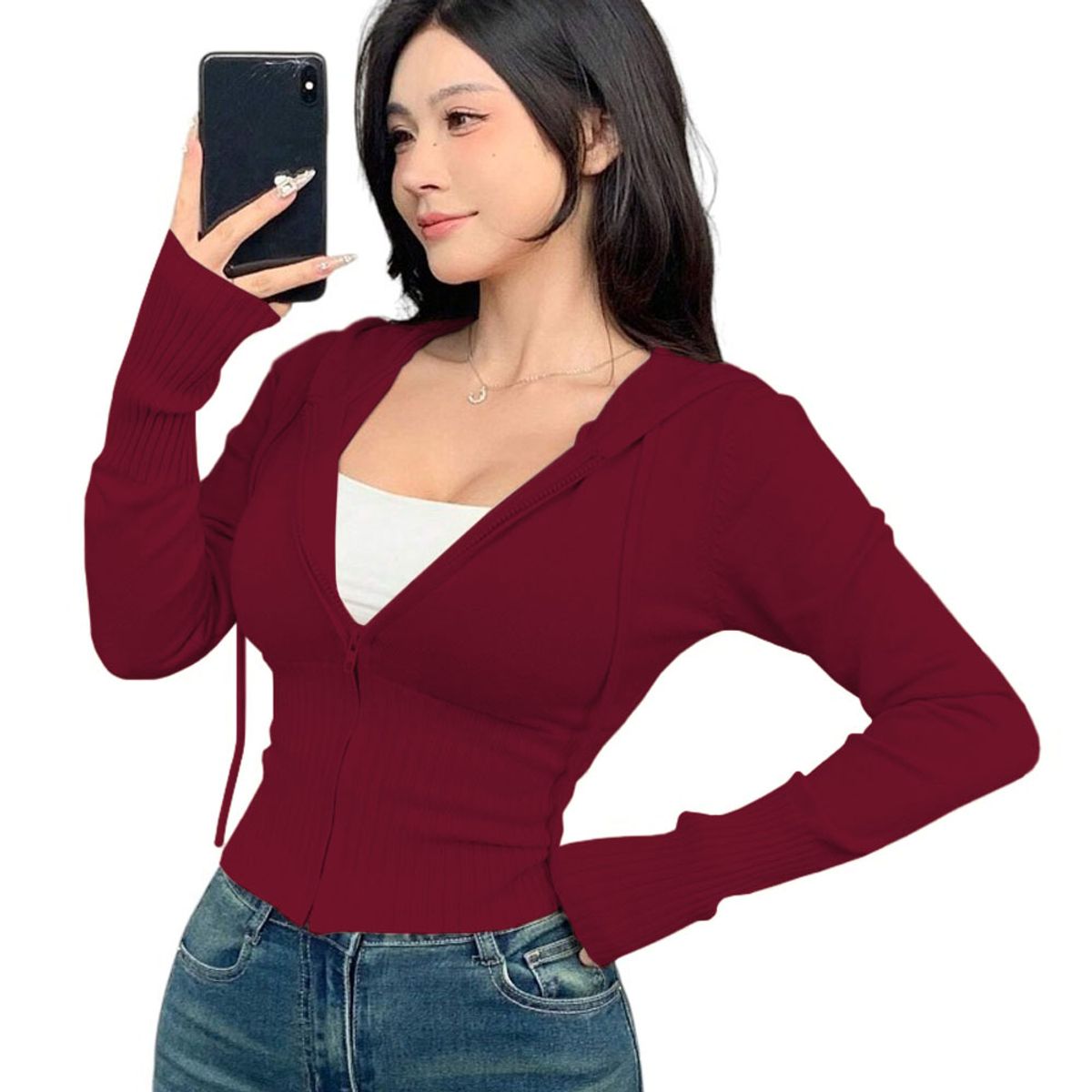 GENERICO - Chompa Mujer Cierre 463G-27 Hilo Tacto Jalapitas Capucha Color Guinda