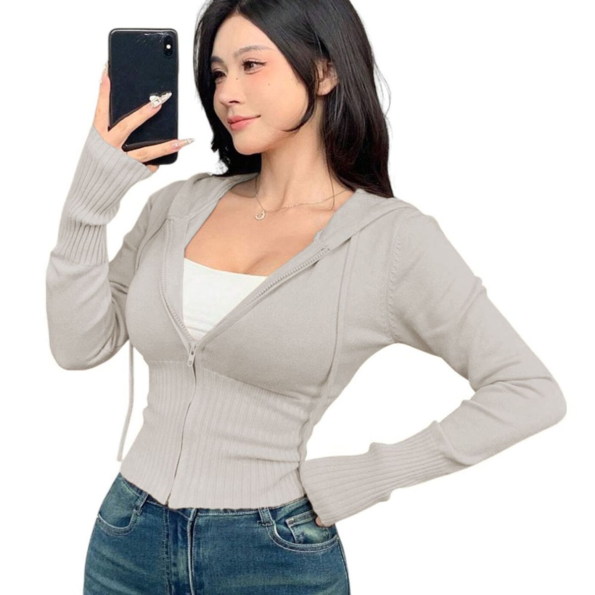 GENERICO - Chompa Mujer Cierre 463G-27 Hilo Tacto Jalapita Y Capucha Color Hueso