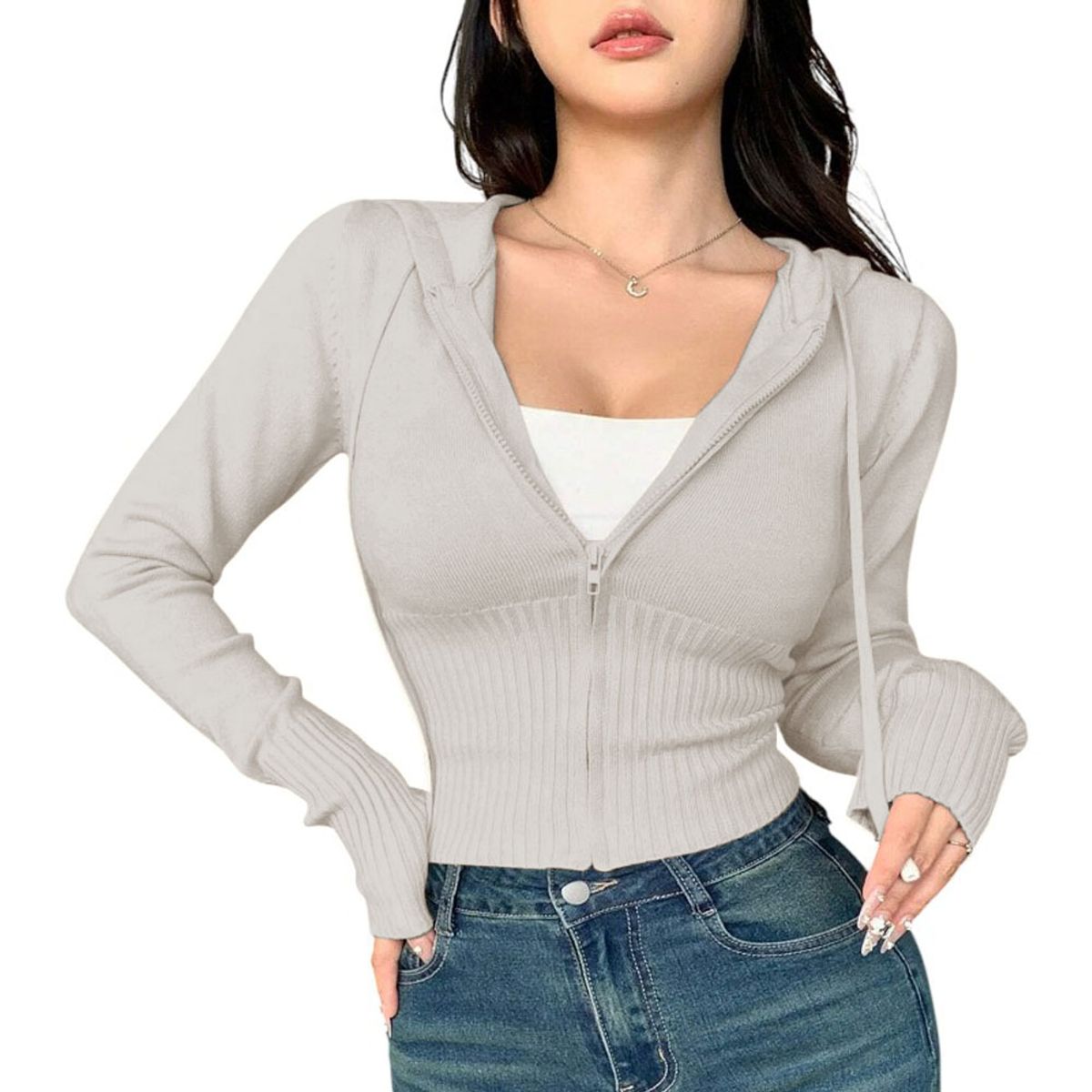 GENERICO - Chompa Mujer Cierre 463G-27 Hilo Tacto Jalapita Y Capucha Color Hueso