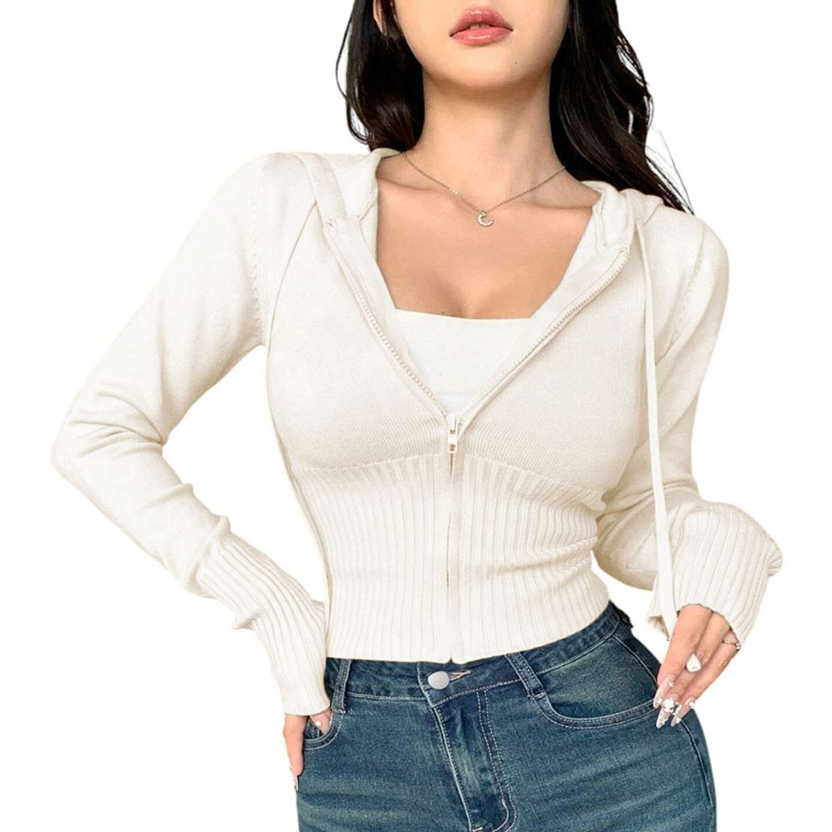 GENERICO - Chompa Mujer Cierre 463G-27 Hilo Tacto Jalapitas Y Capucha Color Perla