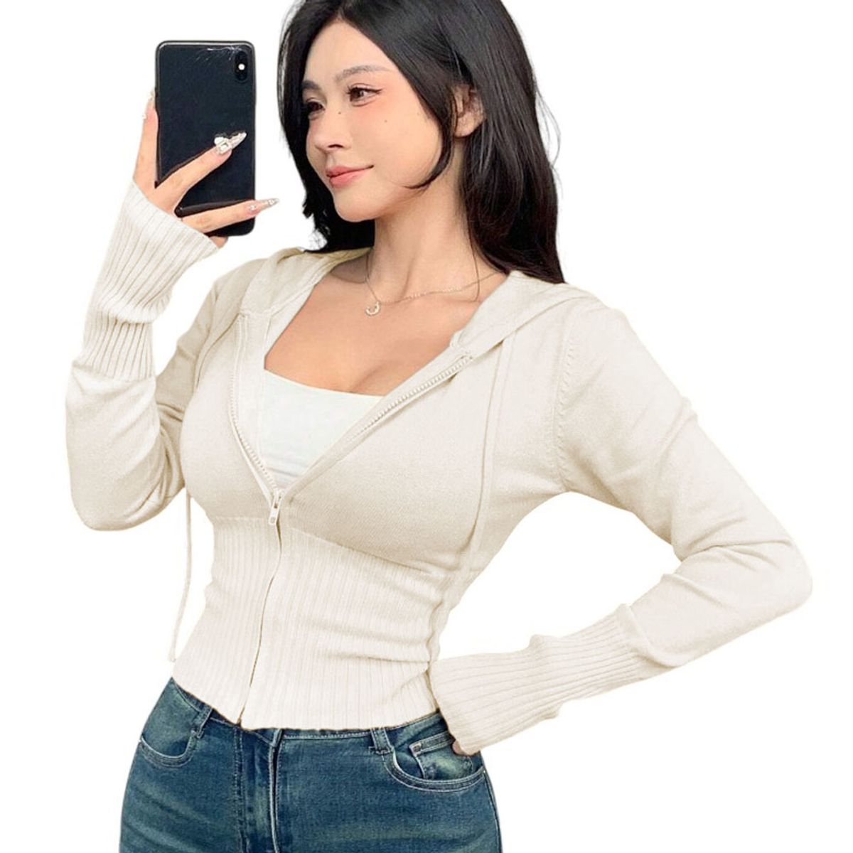 GENERICO - Chompa Mujer Cierre 463G-27 Hilo Tacto Jalapitas Y Capucha Color Perla