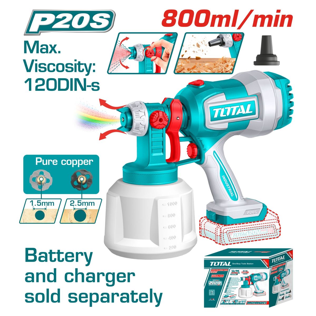 TOTAL TOOLS - PISTOLA PARA PINTAR COMPRESORA INALAMBRICA 20V TSGLI2004 TOTAL