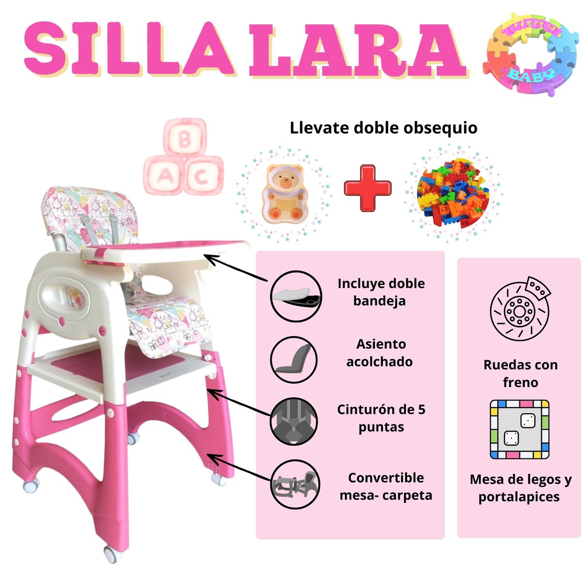 EBABY - SILLA DE COMER ESCRITORIO LARA 4 EN 1 CON RUEDAS  ROSADO  DE OBSEQUIO 1 PLATITO PARA BEBE  + 1 BOLSA DE LEGOS