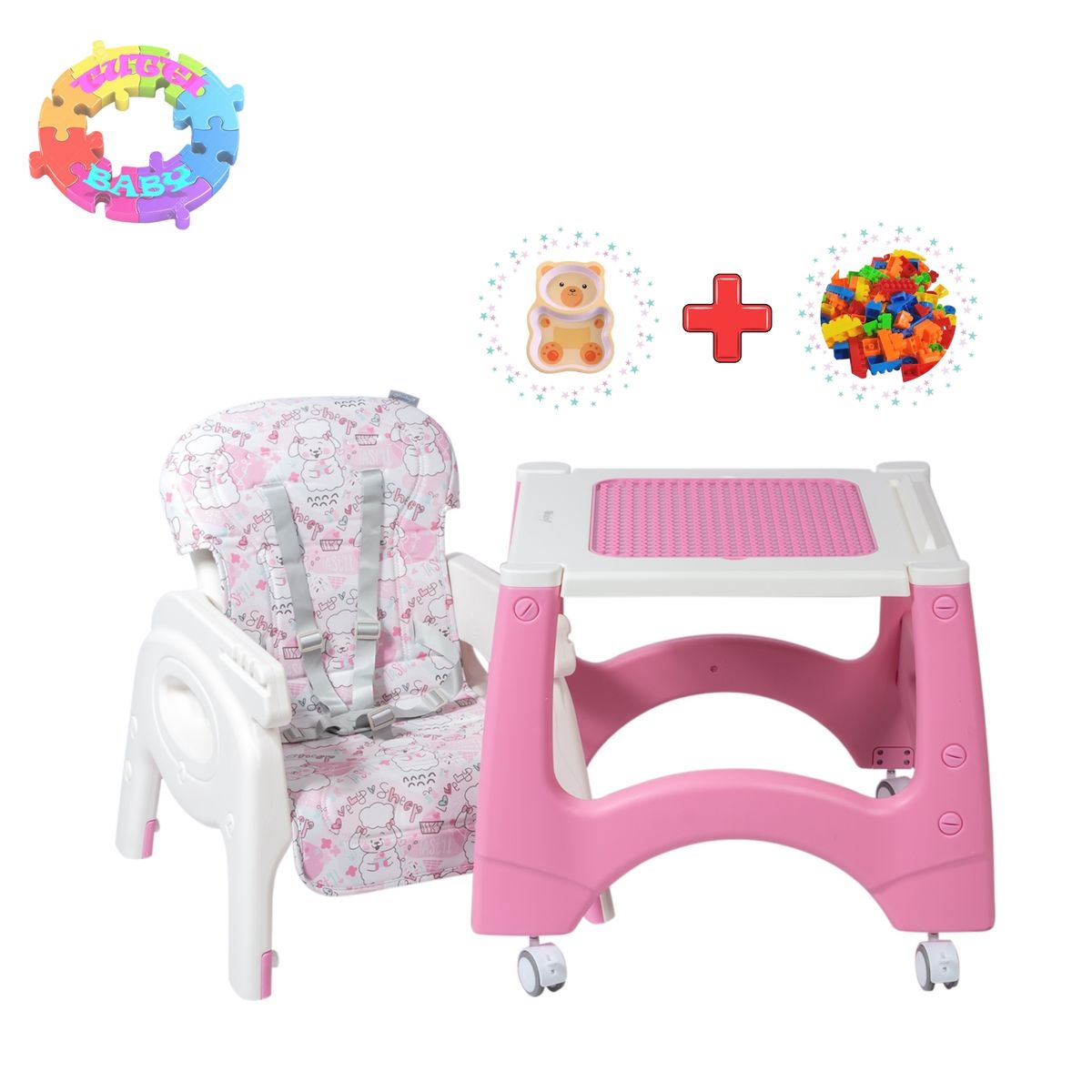 EBABY - SILLA DE COMER ESCRITORIO LARA 4 EN 1 CON RUEDAS  ROSADO  DE OBSEQUIO 1 PLATITO PARA BEBE  + 1 BOLSA DE LEGOS