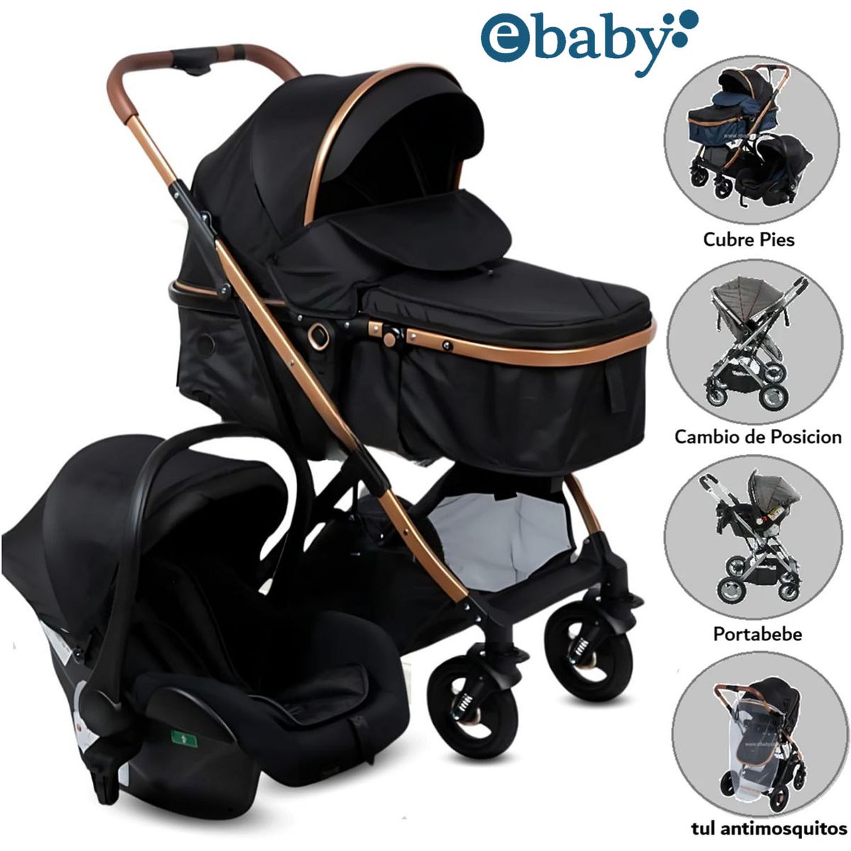 EBABY - Coche Moisés Travel System «RONDA PLUS» con Porta bebé Black