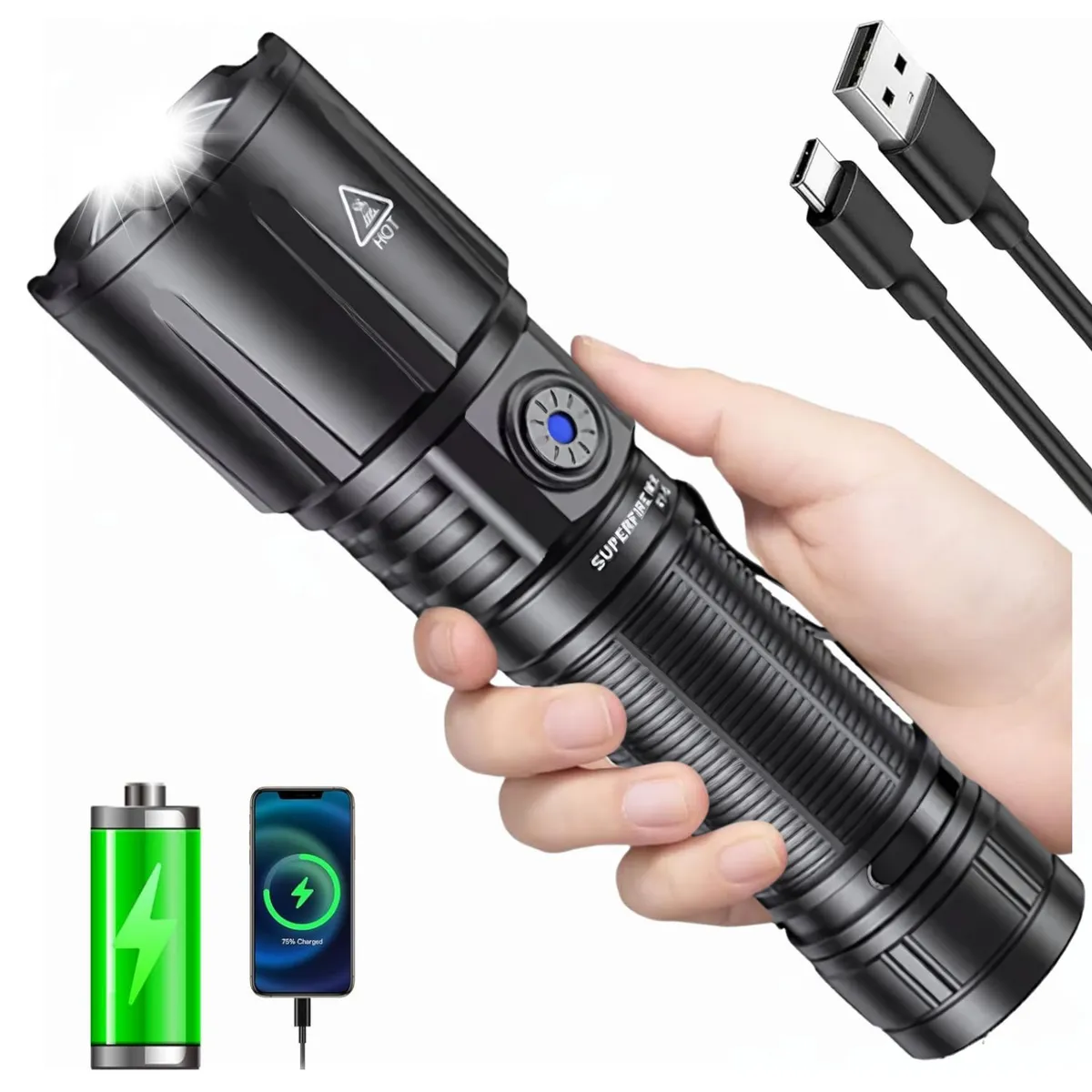 SUPER - Linterna Táctica 36W con Powerbank y Zoom Telescópico Alta Potencia