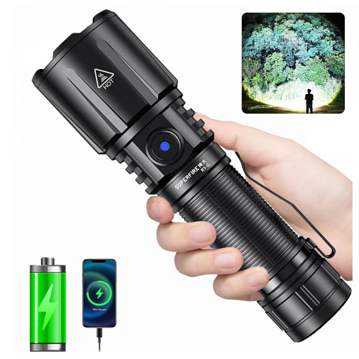 SUPER - Linterna Táctica LED Superfire R1-G 2300LM Zoom y USB Tipo C