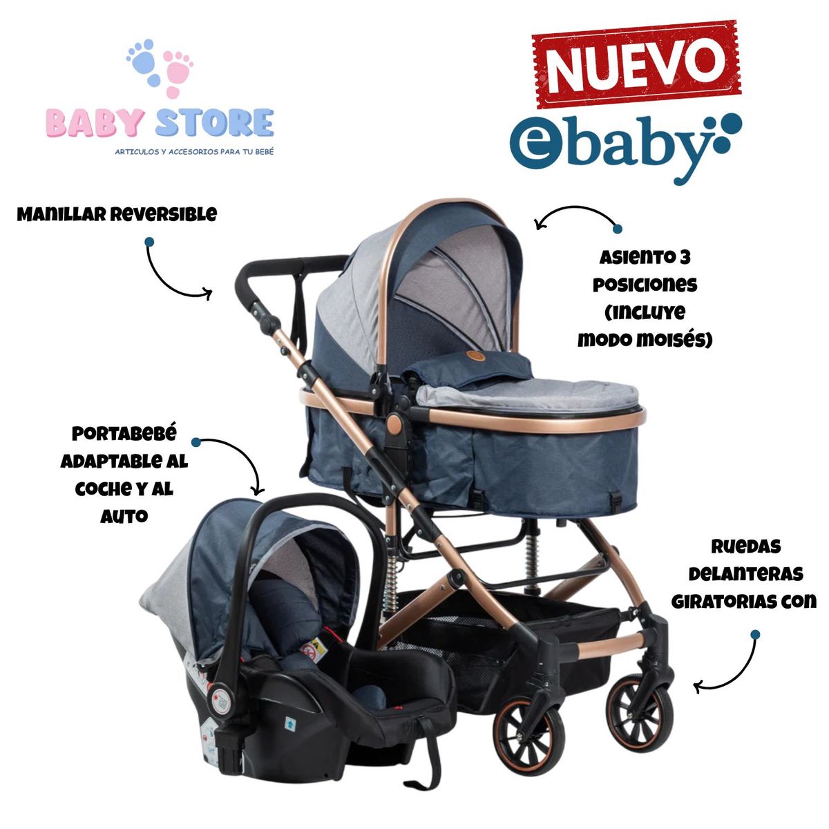 EBABY - COCHE CUNA MOISES EBABY COMFORT DE LUJO CON PORTABEBE COLOR AZUL