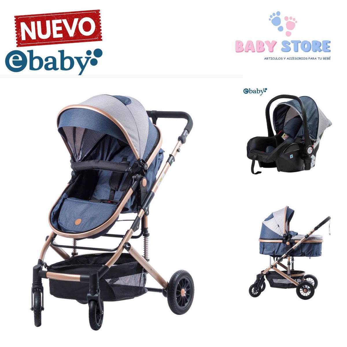 EBABY - COCHE CUNA MOISES EBABY COMFORT DE LUJO CON PORTABEBE COLOR AZUL