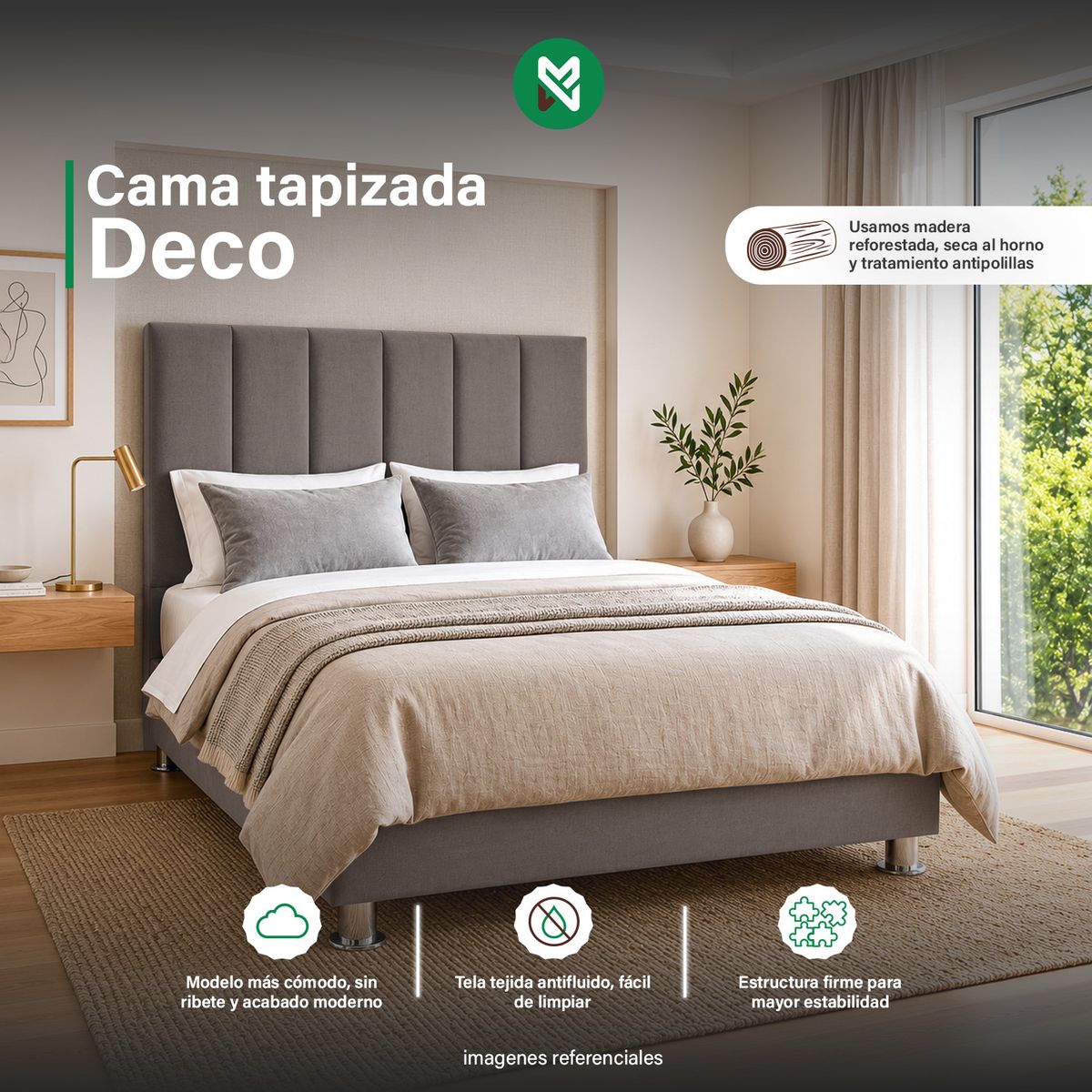 MUEBLES MACRUMO - Combo Cama tapizada Deco  - 2 Plz Beige oscuro+Colchón Semiortopédico