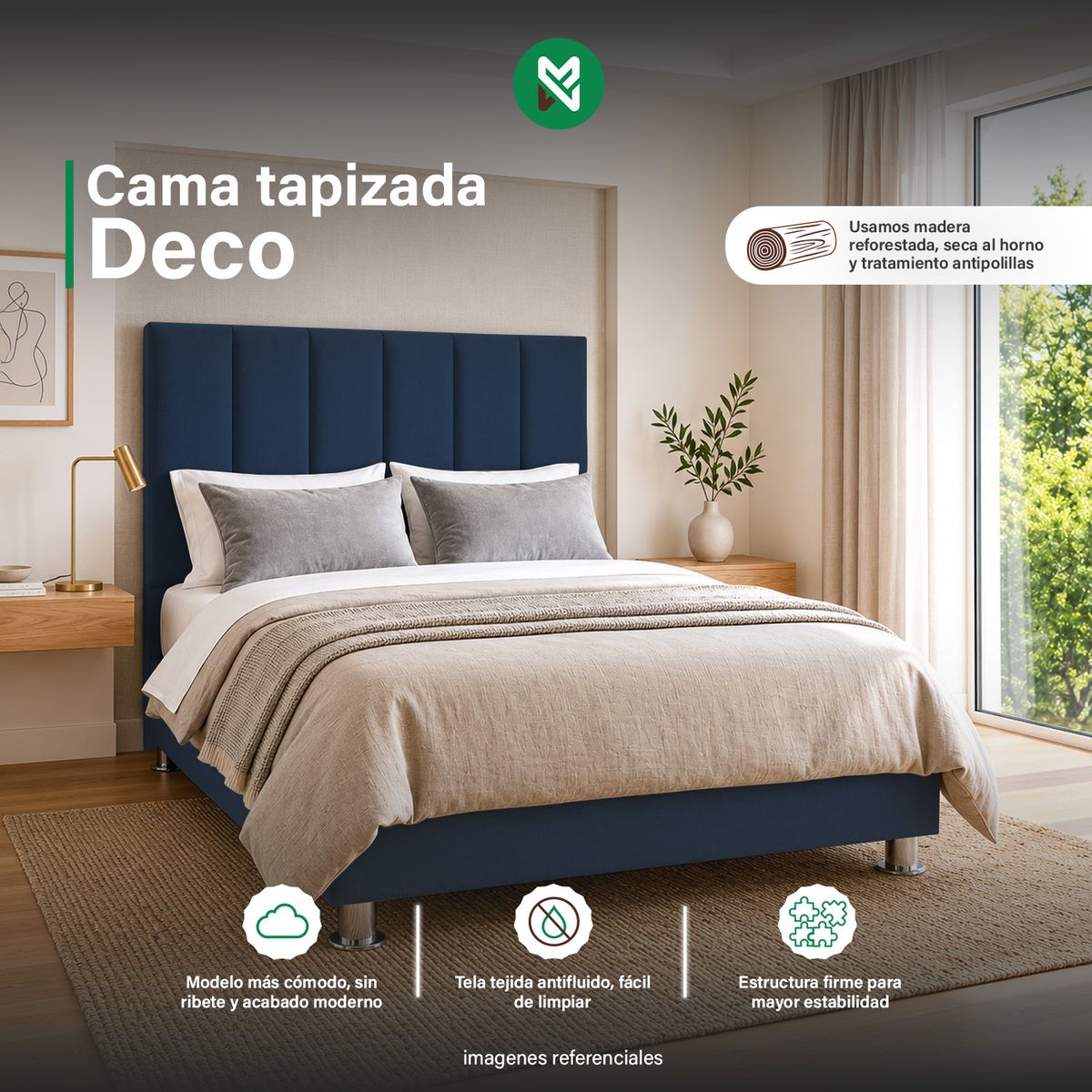 MUEBLES MACRUMO - Combo Cama tapizada Deco  - Queen Azul + Colchón Semiortopédico