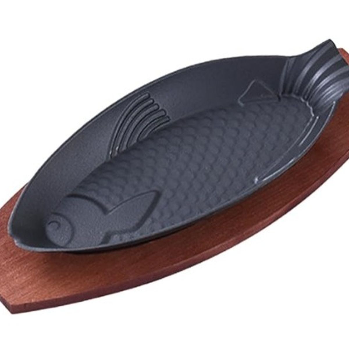 GENERICO - Plato de hierro fundido en forma de pescado con base de madera