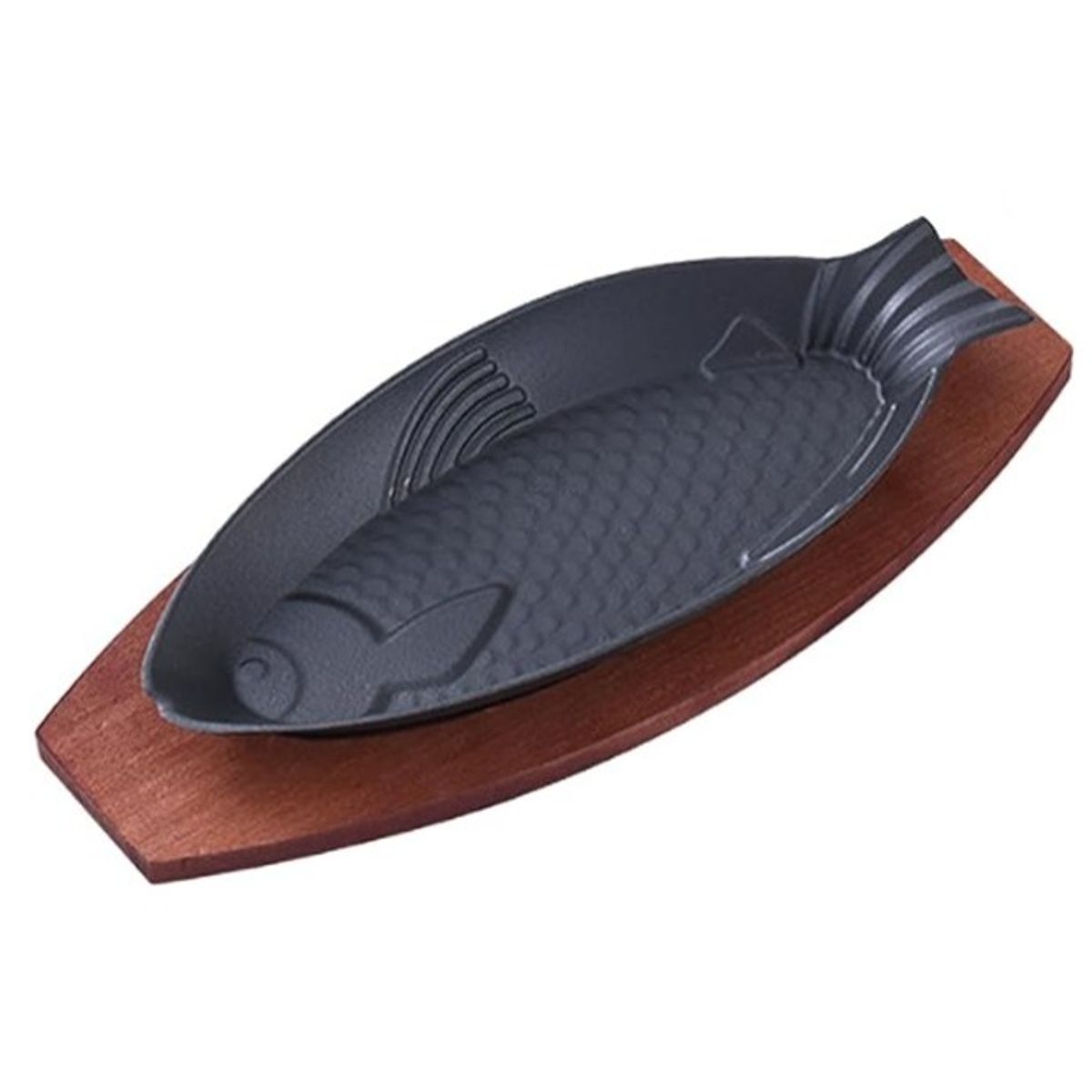 GENERICO - Plato de hierro fundido en forma de pescado con base de madera