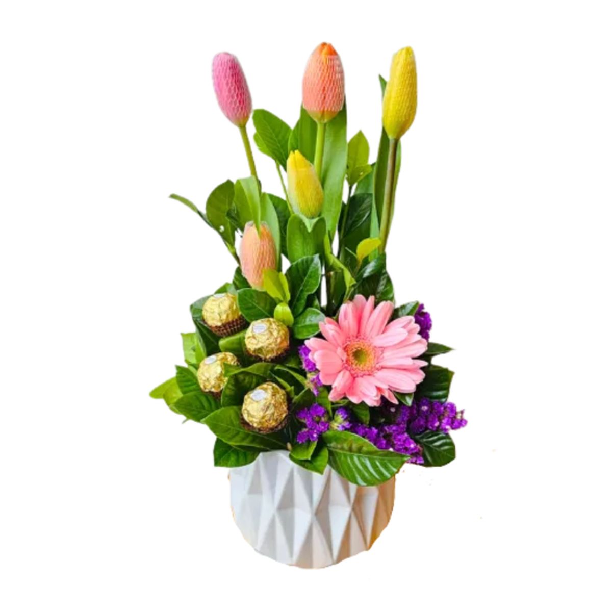 D'AMOUR - Maceta de Tulipanes gerbera y chocolates