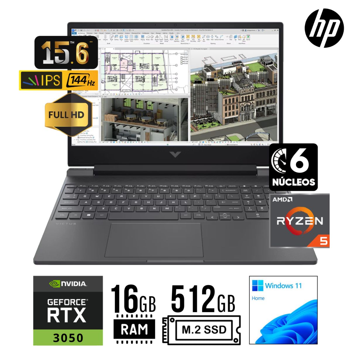 HP - LAPTOP HP VICTUS GAMING 15-FB2002LA R5-8645HS RAM 16GB SSD 512GB RTX 3050 6GB 15.6" FHD WIN 11 HOME