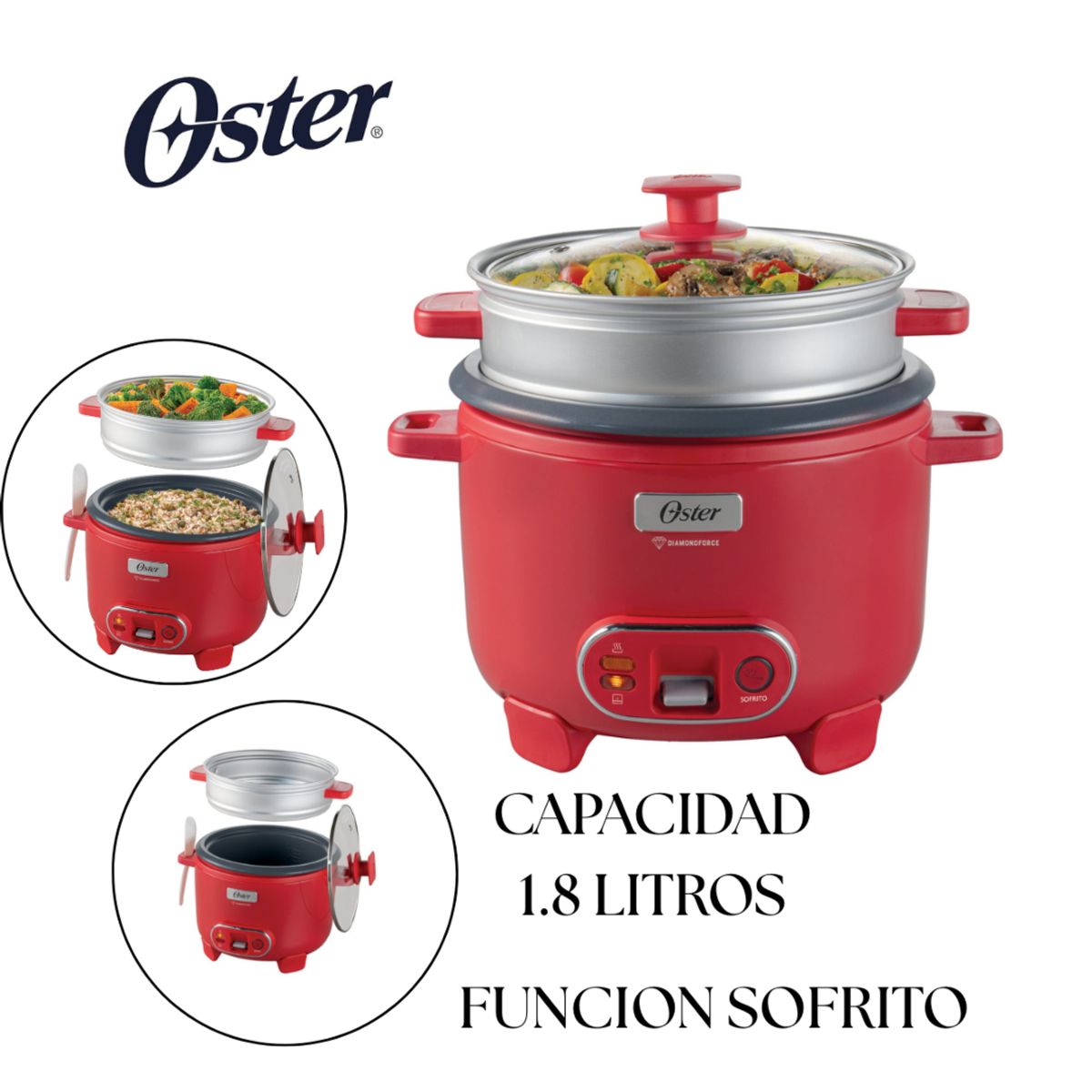 OSTER - Olla Arrocera Oster 1.8L 3 en 1 Función Sofrito y Vaporera Rojo