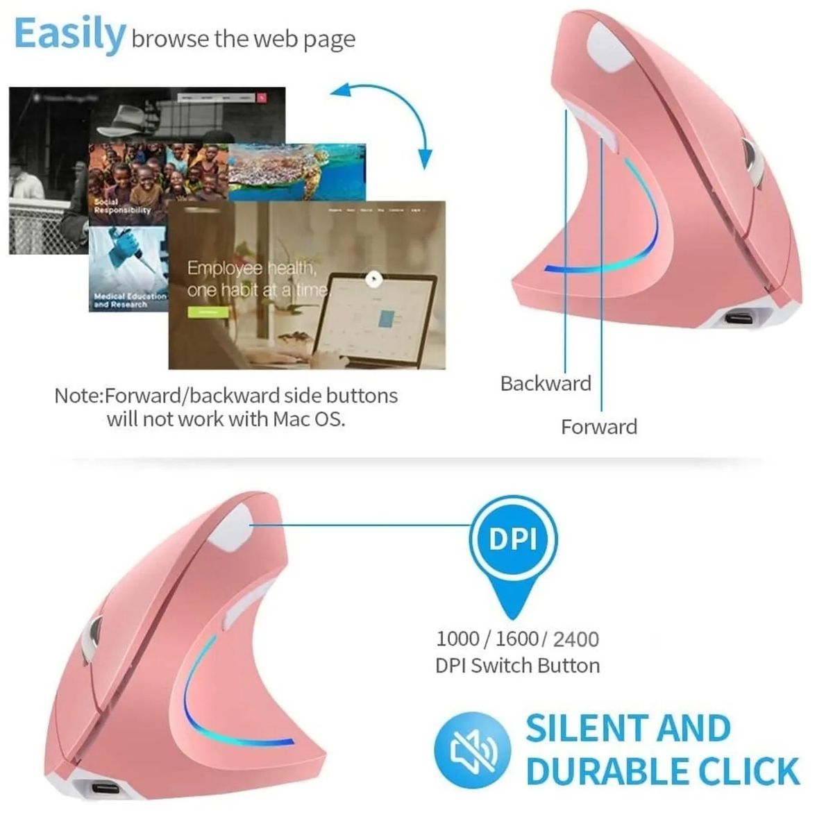 OEM - Mouse Vertical Recargable Bluetooth Dual Inalambrico GAMER - ROSA