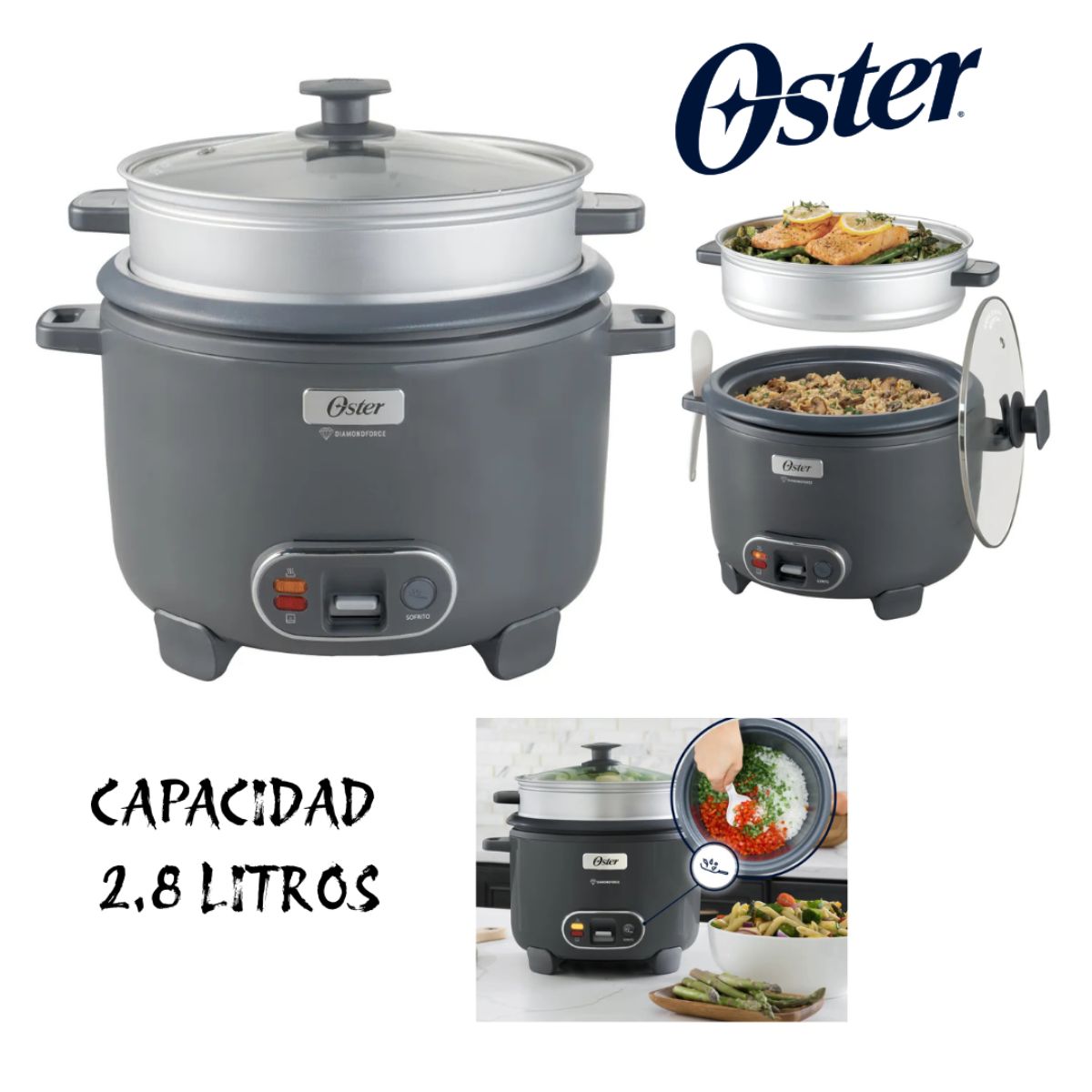 OSTER - Olla Arrocera Oster 15 Tazas 3 en 1 Función de Sofrito Vaporera Gris