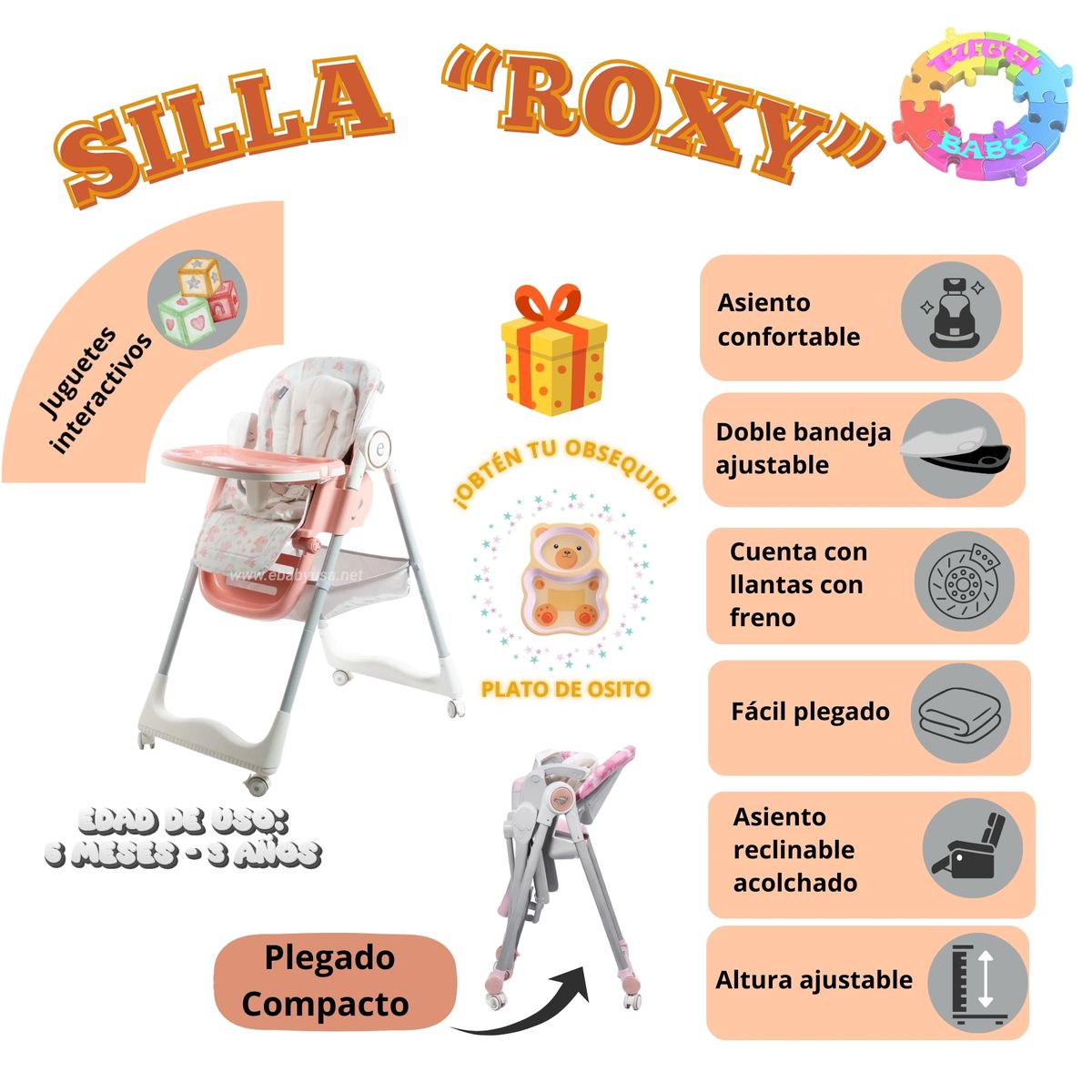 EBABY - SILLA DE COMER ROXY PLEGABLE EXTRA ACOLCHADO - MELON