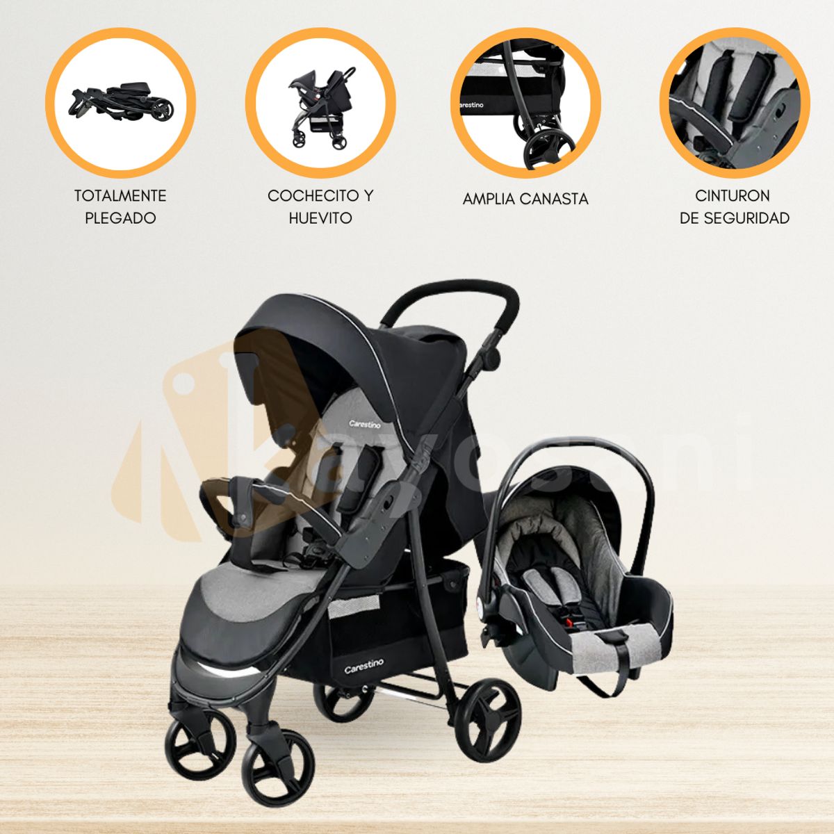 CARESTINO - Coche Deportivo con Accesorios «CITY TRAVEL» Gris Melange