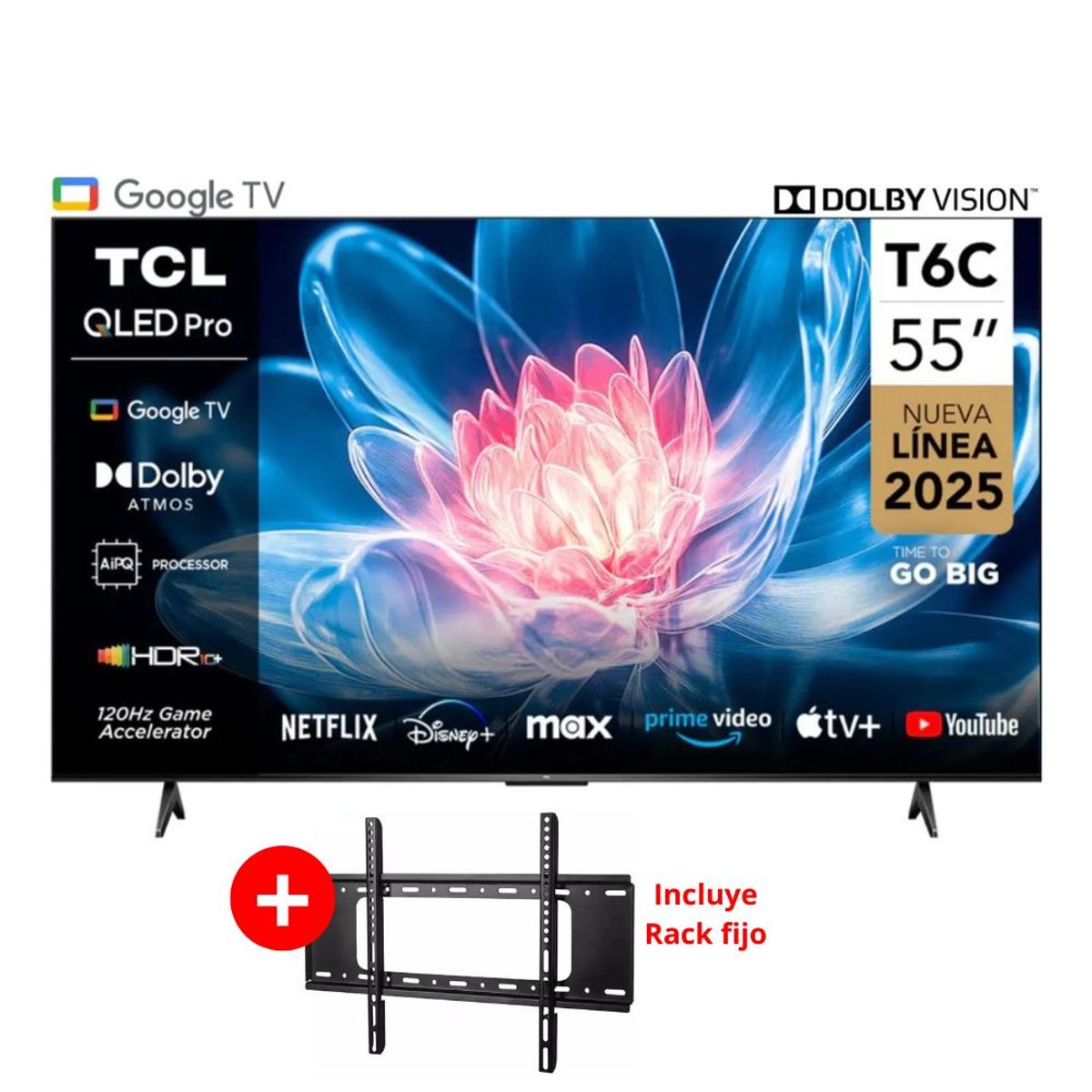 TCL - Televisor Smart TV TCL 55 Classic QLED 4K 55T6C + Rack Fijo