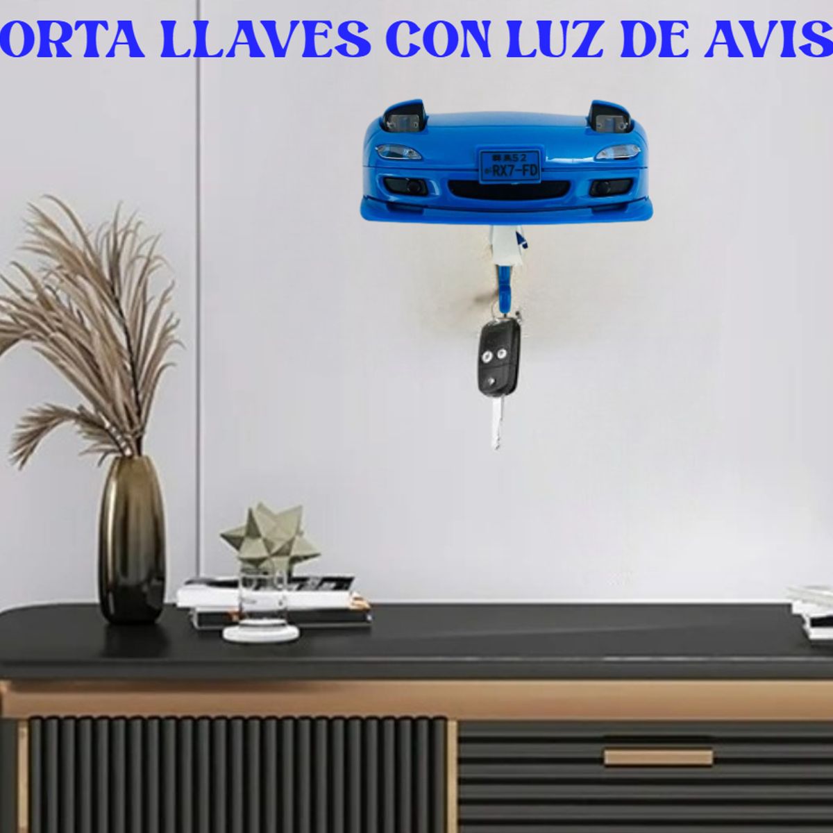 GENERICO - PORTA LLAVES DE PARED ORGANIZADOR FORMA AUTO AZUL CON LUCES